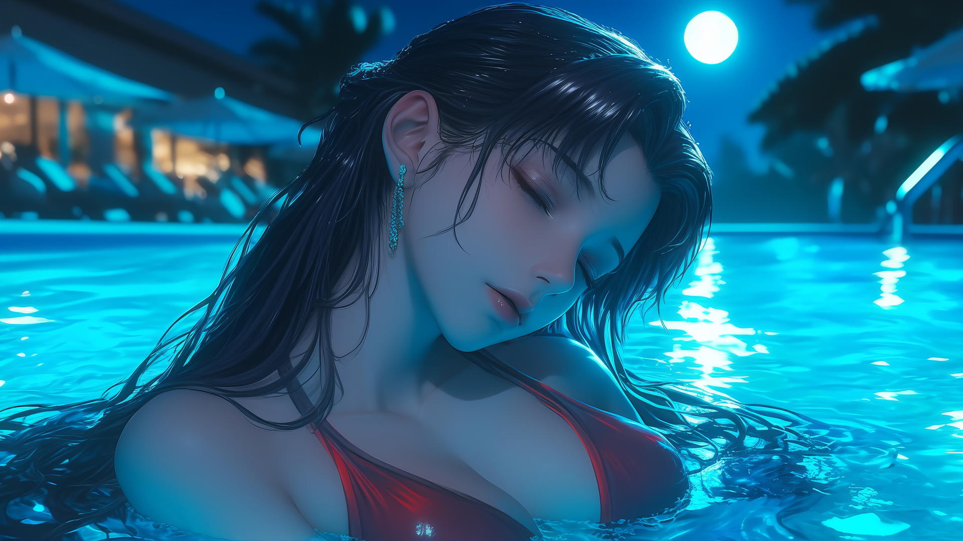 Misato Katsuragi with long dark violet hair and bangs, resting at a swimming pool under moonlight
