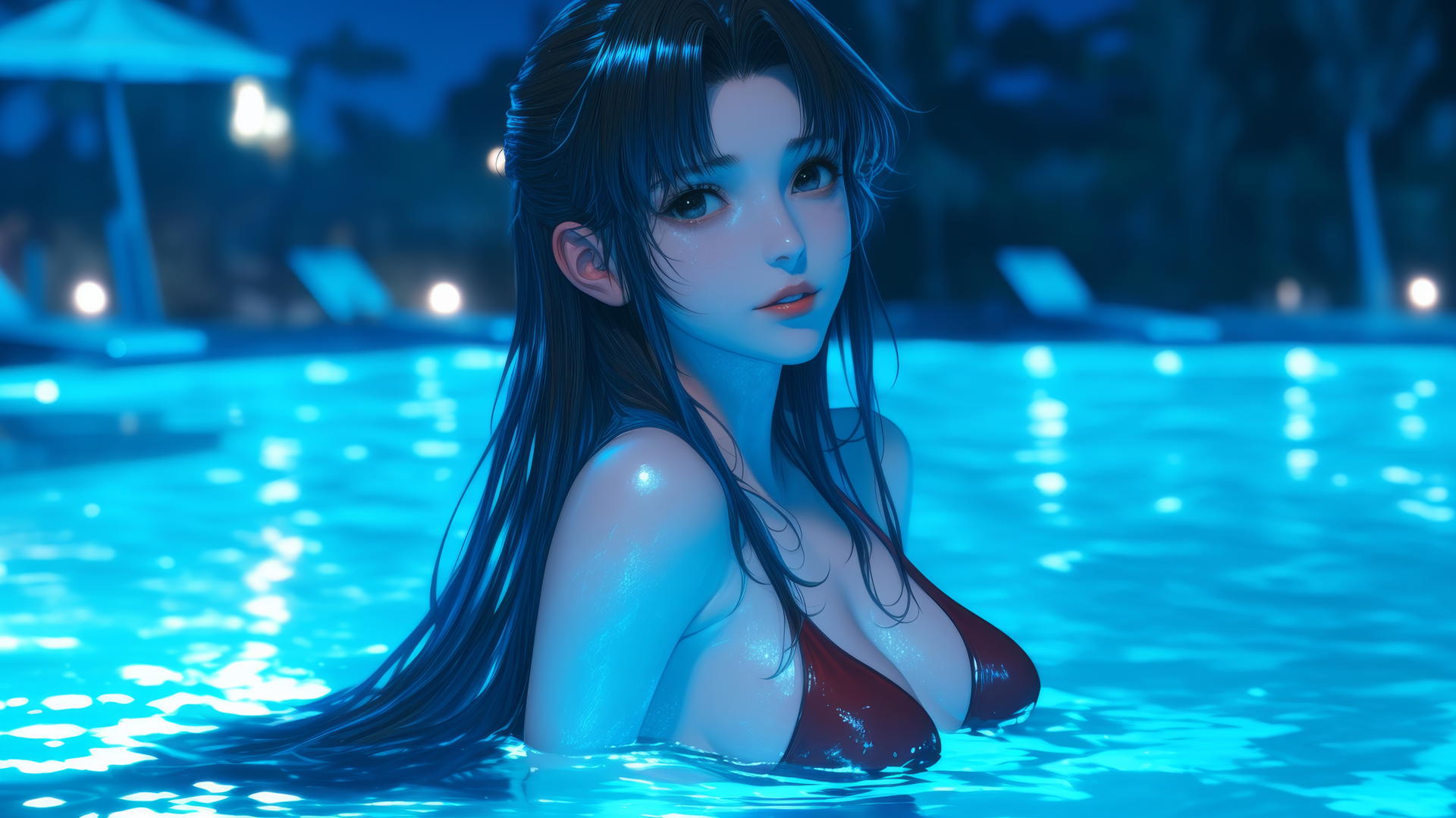 Misato Katsuragi with wavy dark violet hair, resting by a pool under moonlight.