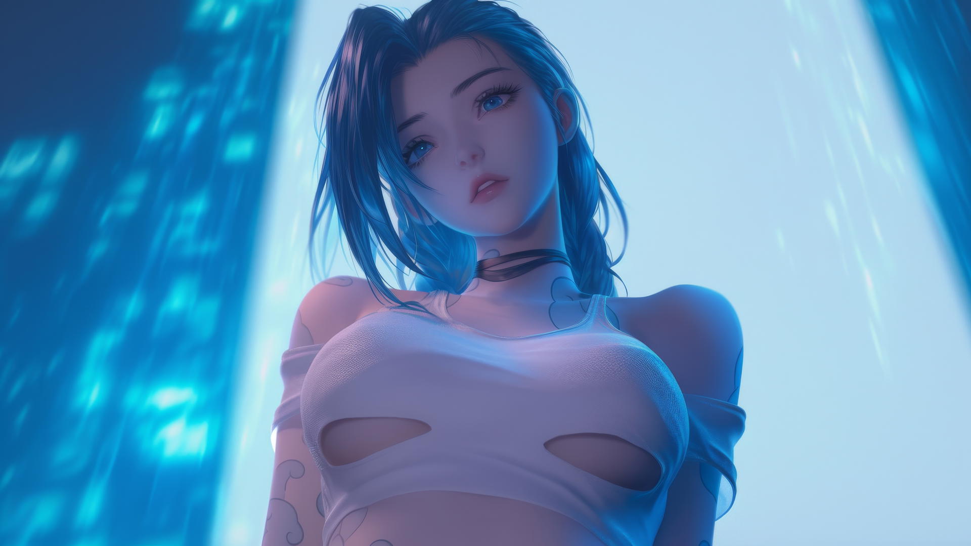 Jinx from League of Legends kneeling, looking down, with a warm glow and apartment ceiling in background.