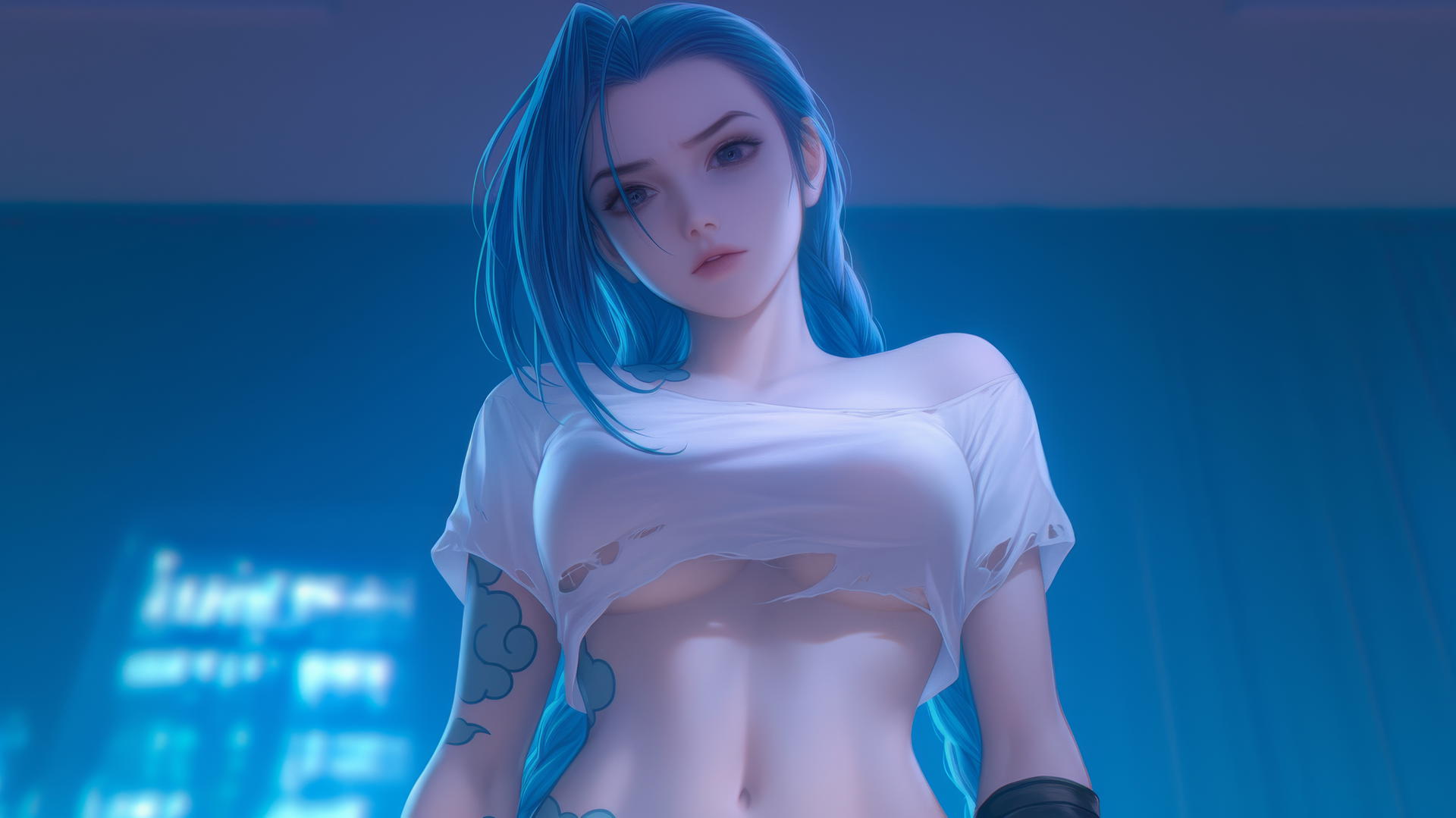 Jinx from League of Legends kneeling, seen from below, in warm light.