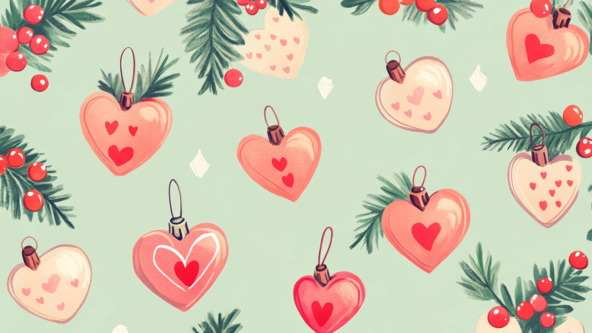 aesthetic preppy Christmas wallpaper with heart-shaped ornaments and mistletoe on pastel green