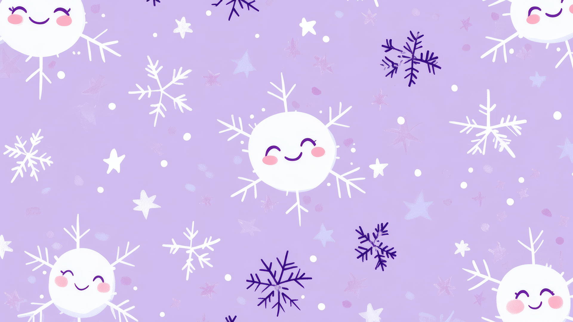 Aesthetic preppy Christmas wallpaper with smiling snowflakes and stars on a pastel purple background