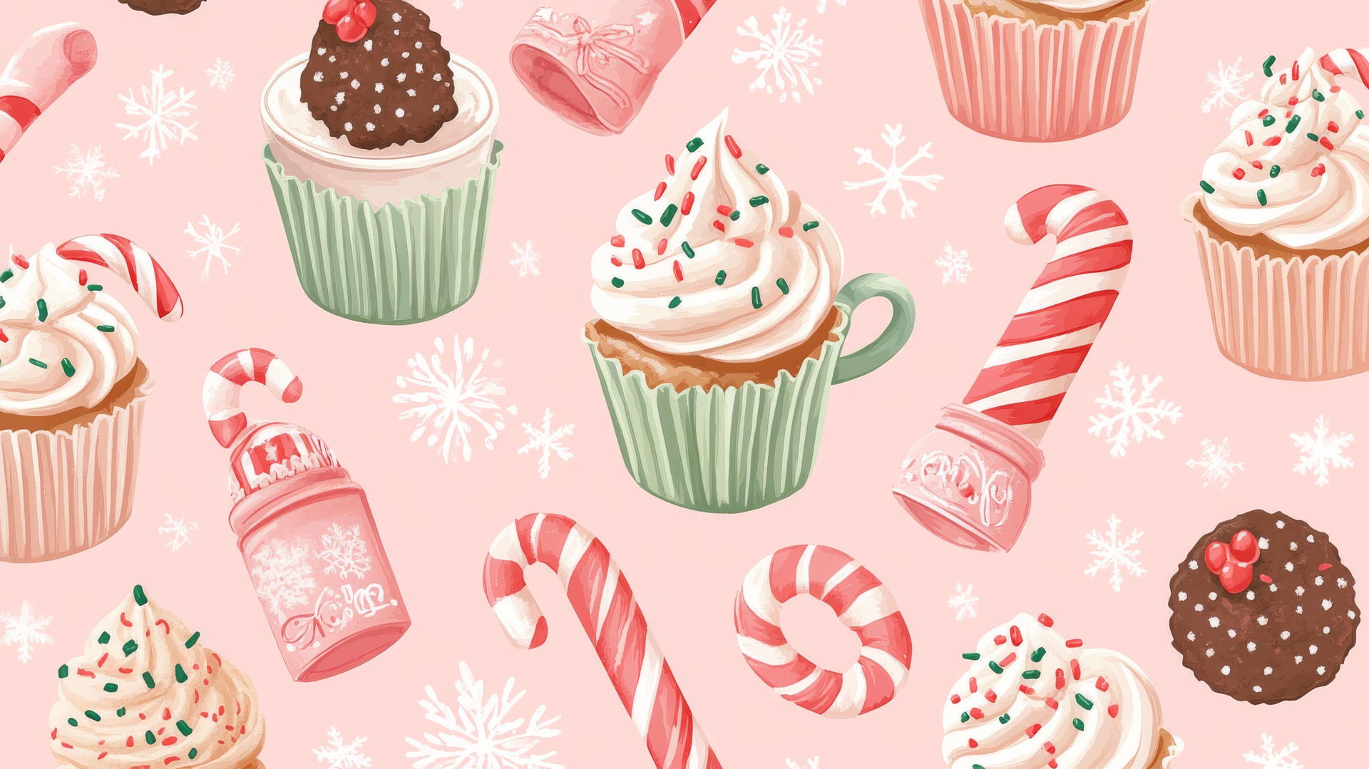 cute preppy Christmas wallpaper with adorable cupcakes, cookies, and hot cocoa mugs on a pastel pink background