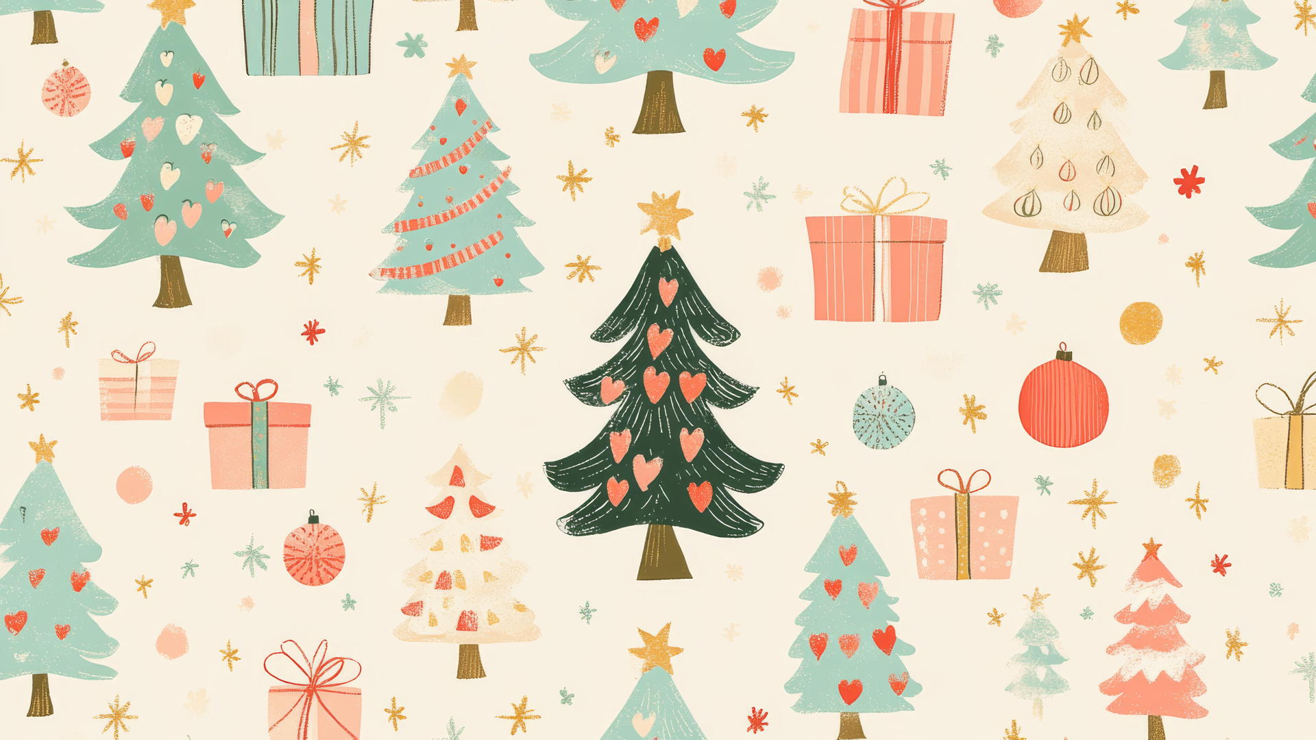 Cute preppy Christmas wallpaper with Christmas trees, ornaments, and presents on a cream background