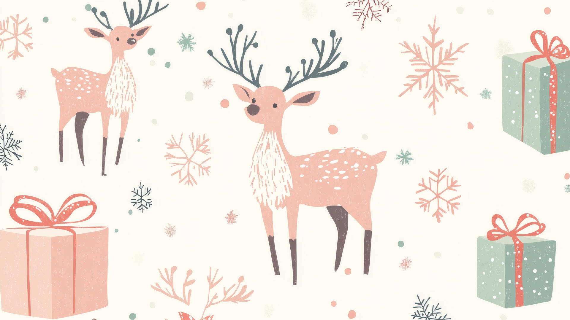 cute Christmas wallpaper preppy with reindeer, snowflakes, and gifts in pastel pink and green