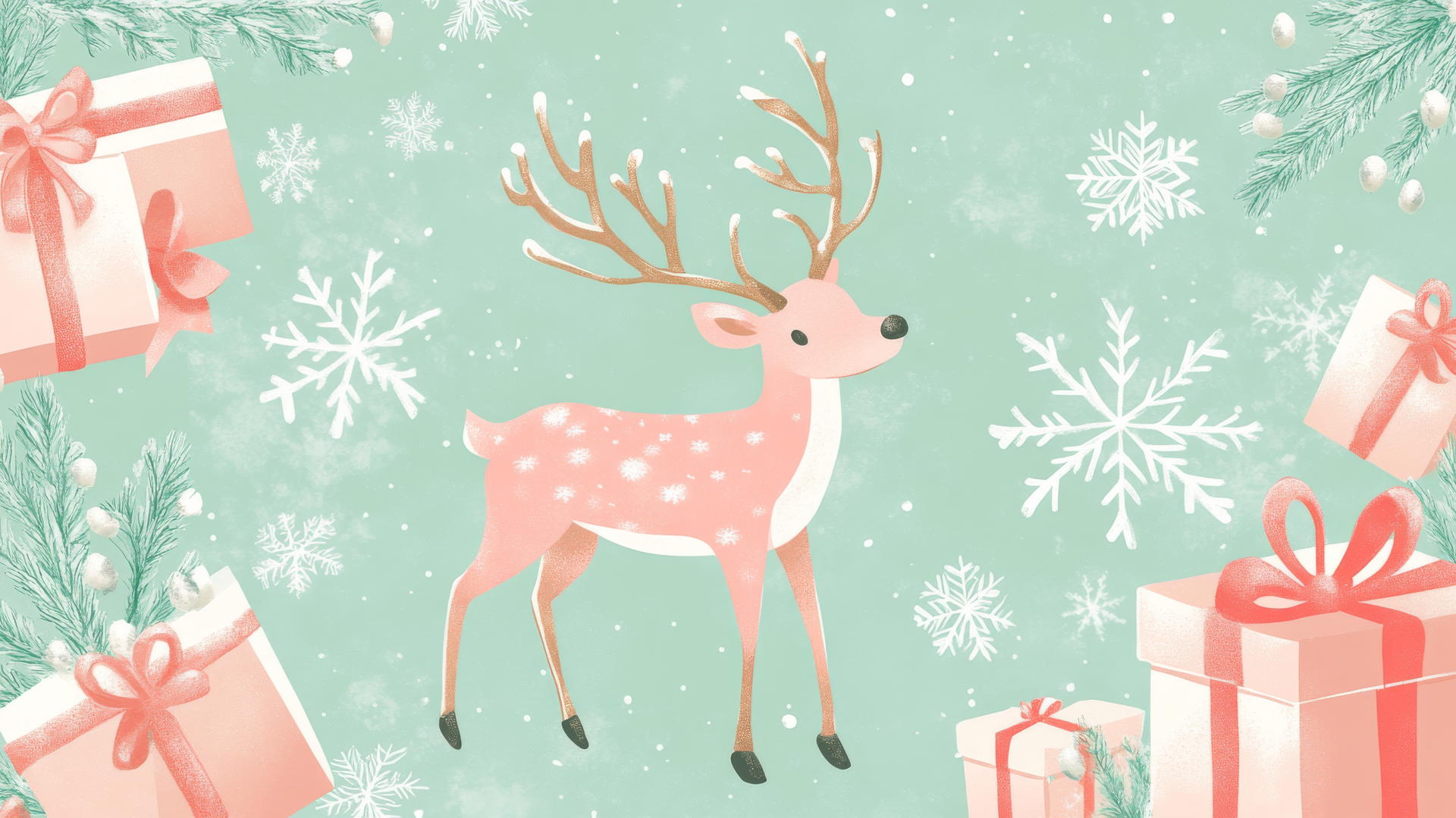 cute Christmas wallpaper preppy with reindeer, snowflakes, and wrapped gifts