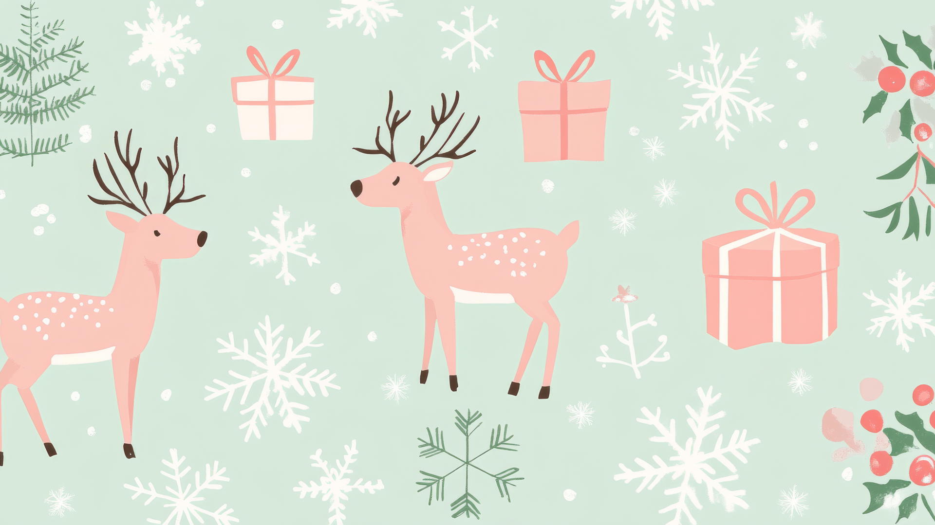 cute Christmas wallpaper preppy with reindeer, snowflakes, and wrapped gifts in pastel pink and light green