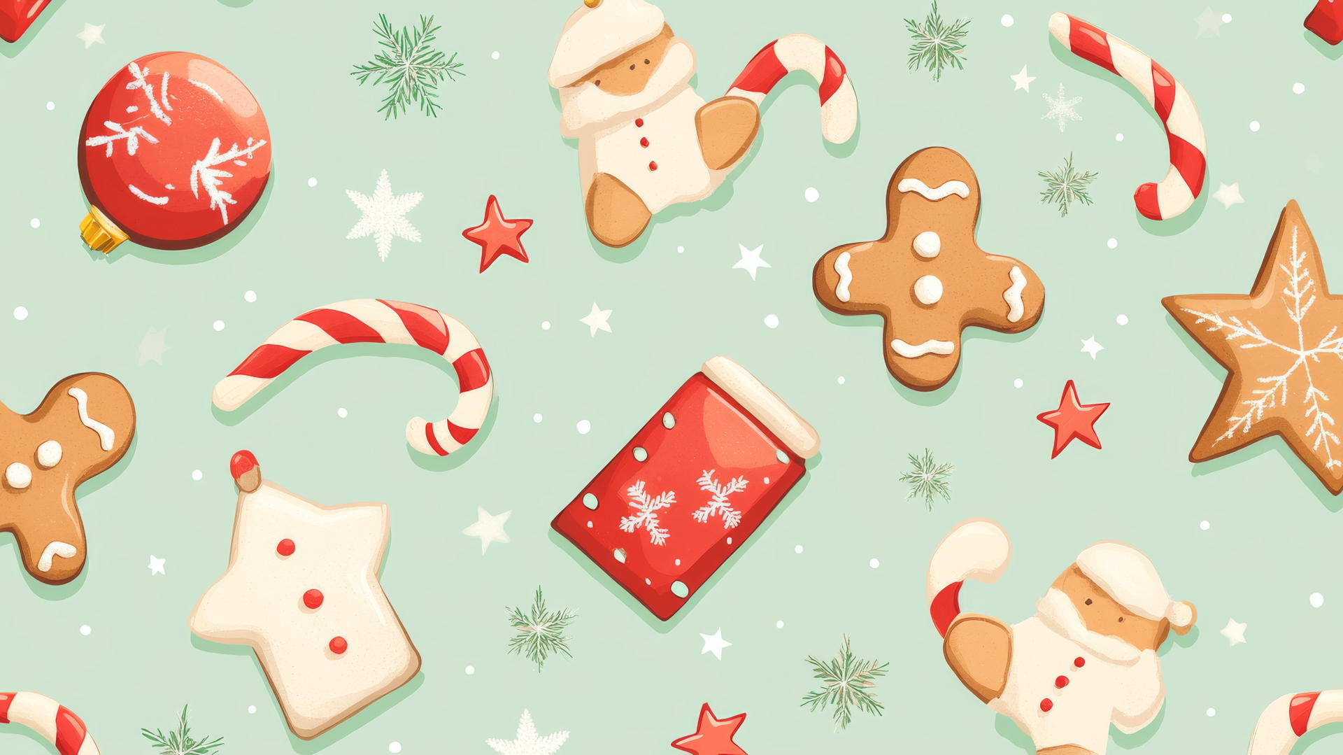 cute Christmas wallpaper preppy with candy canes, gingerbread cookies, and stars on a pastel green background