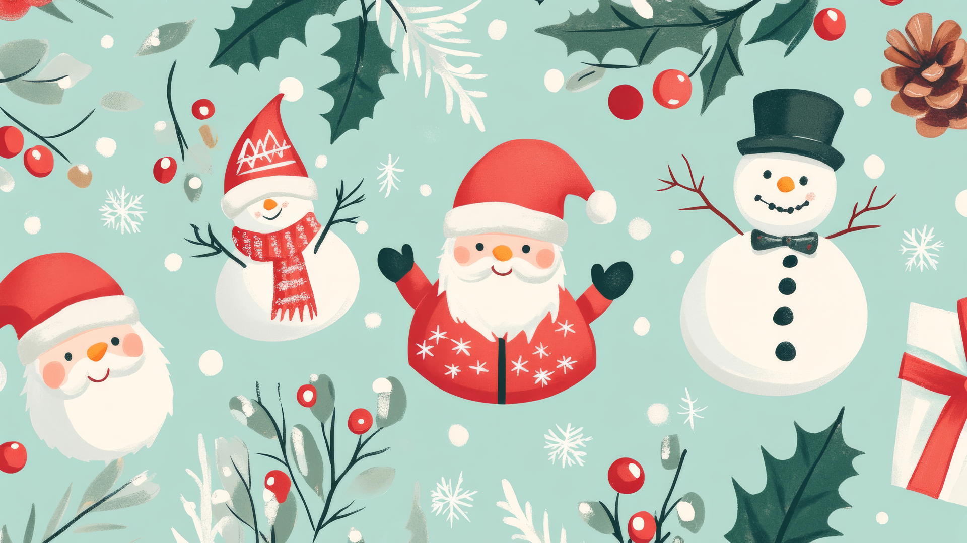 cute Christmas wallpaper preppy with Santas, snowmen, and holly berries on pastel mint background