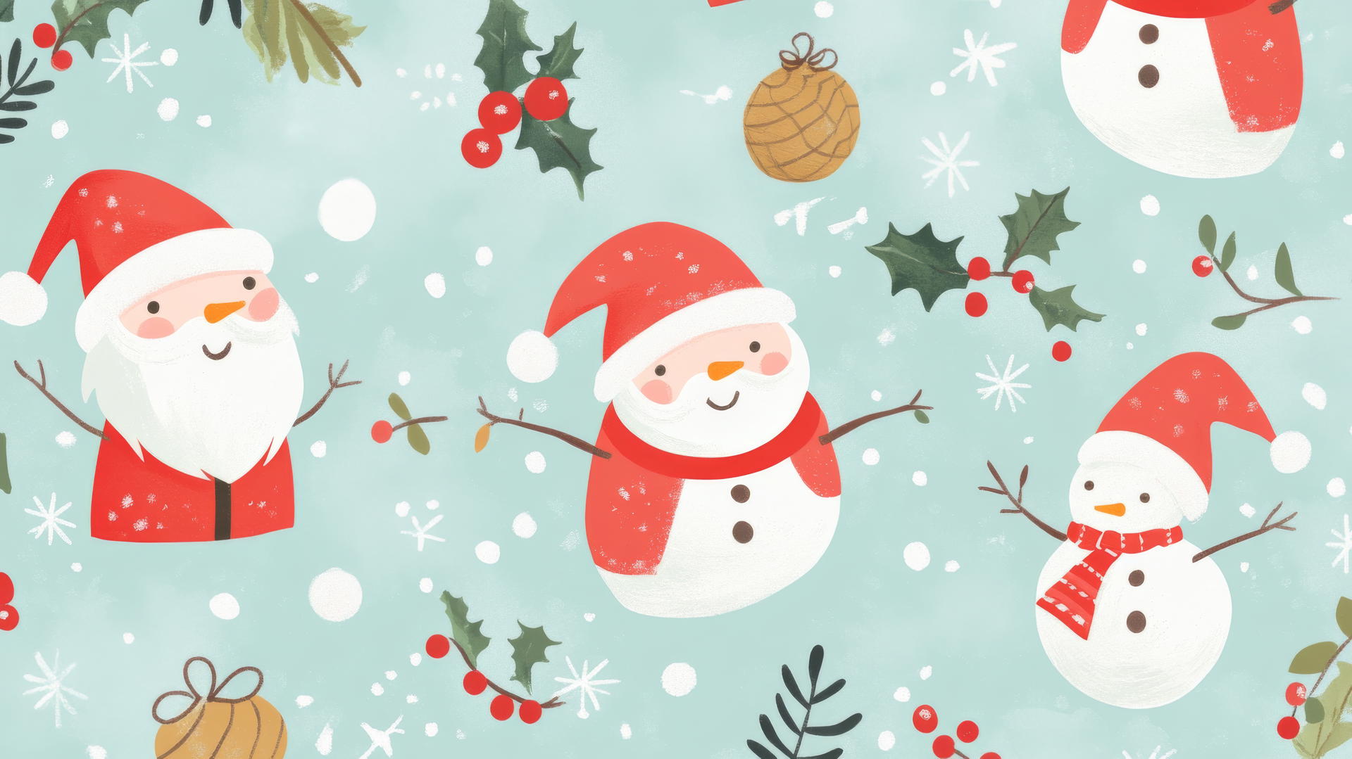 Cute Christmas wallpaper preppy with Santas, snowmen, and holly berries on pastel mint background.