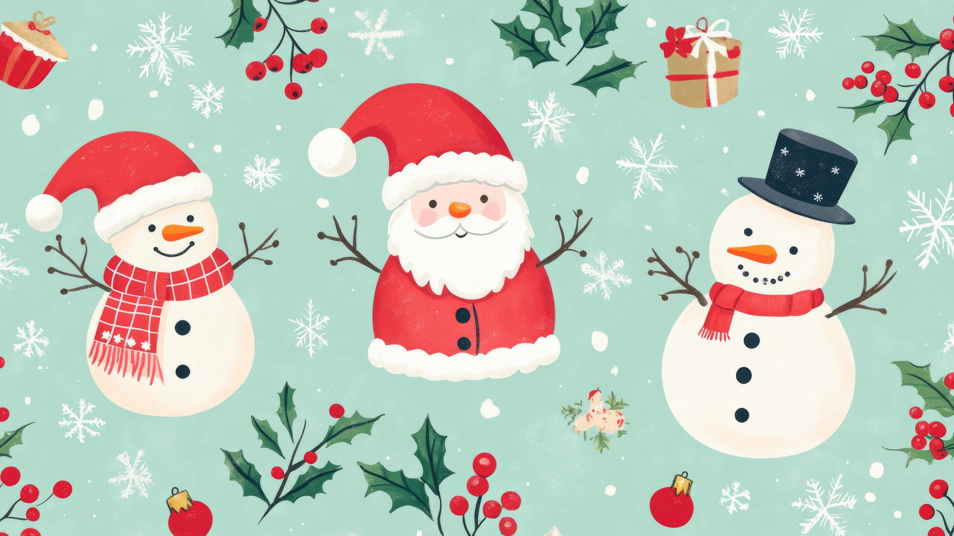 Cute Christmas wallpaper preppy with Santas, snowmen, and holly berries