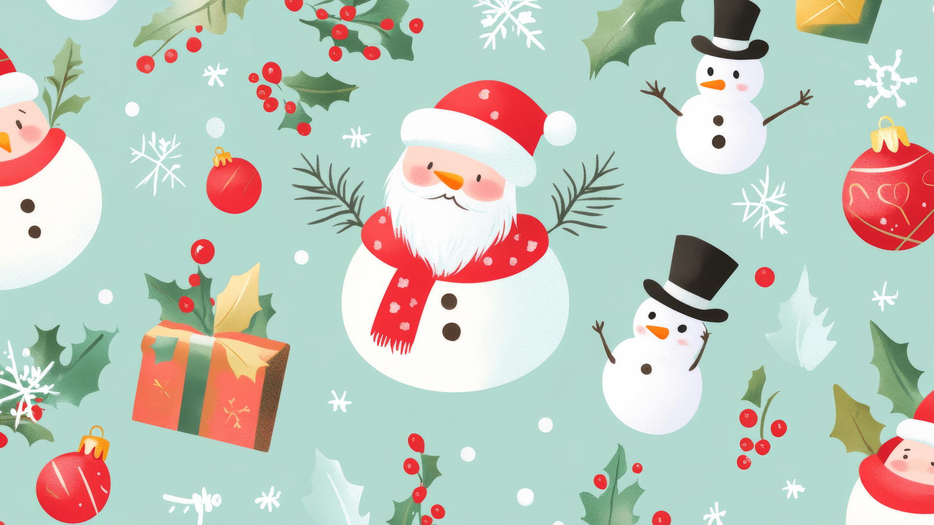 cute Christmas wallpaper preppy with adorable Santas, snowmen, and holly berries