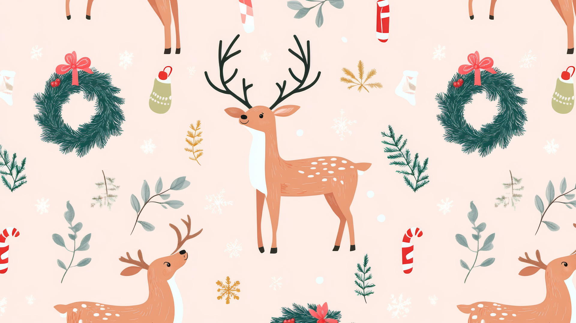 cute Christmas wallpaper preppy with reindeer, wreaths, and candy canes on pastel pink