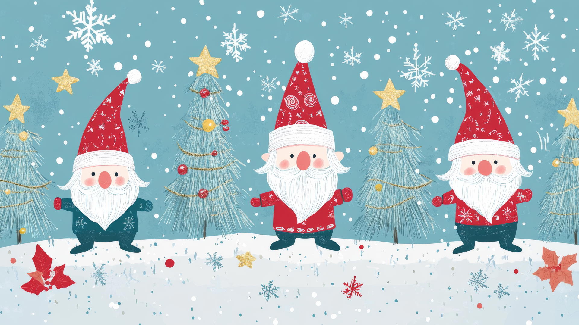 cute Christmas wallpaper preppy with gnomes, snow trees, and twinkling stars