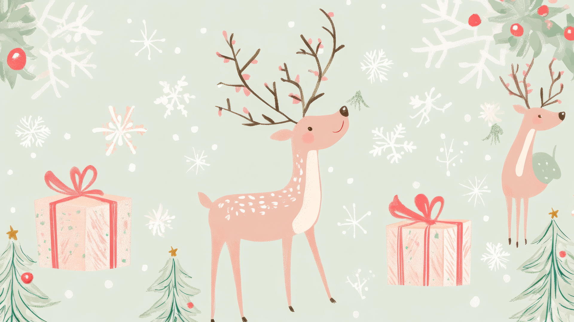 cute Christmas wallpaper preppy with reindeer, snowflakes, and wrapped gifts