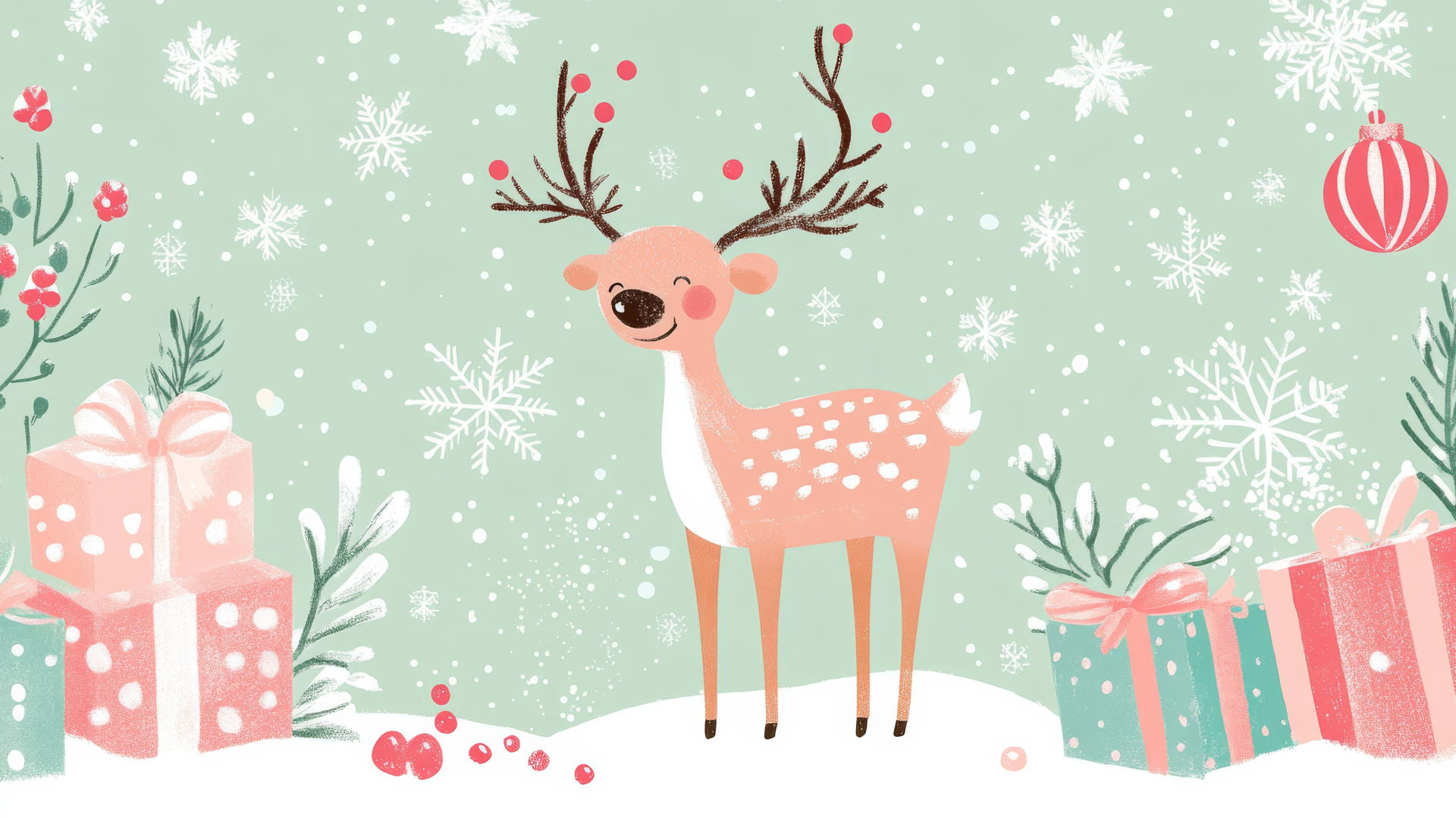 cute Christmas wallpaper preppy with reindeer, snowflakes, and wrapped gifts