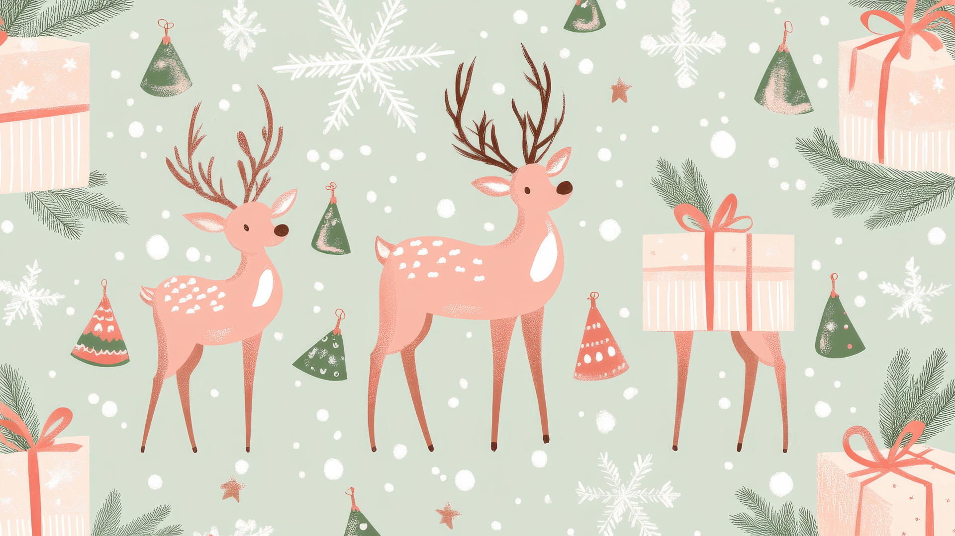 Cute Christmas wallpaper preppy with reindeer, snowflakes, and gifts in pastel colors