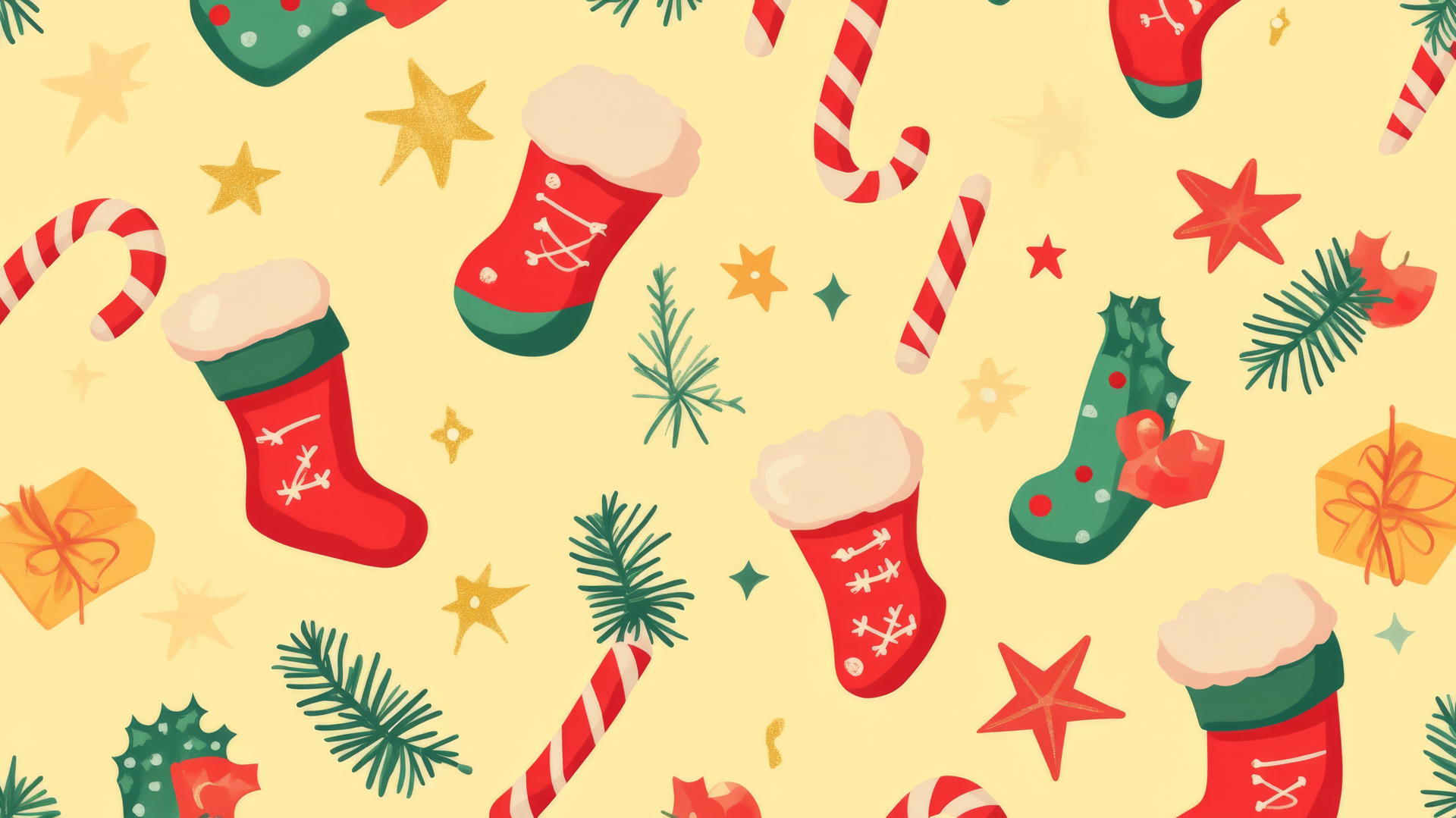 cute Christmas wallpaper preppy with candy canes, stockings, and stars on pastel yellow background