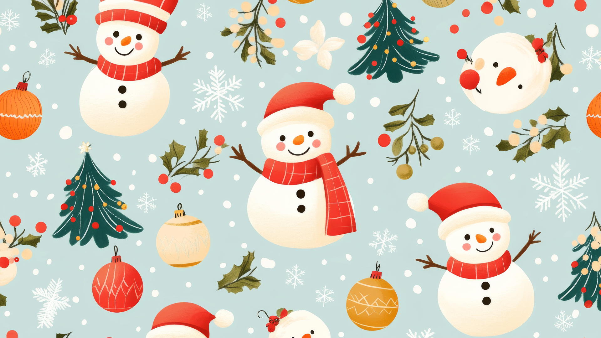 cute Christmas wallpaper preppy with snowmen, Christmas trees, and ornaments