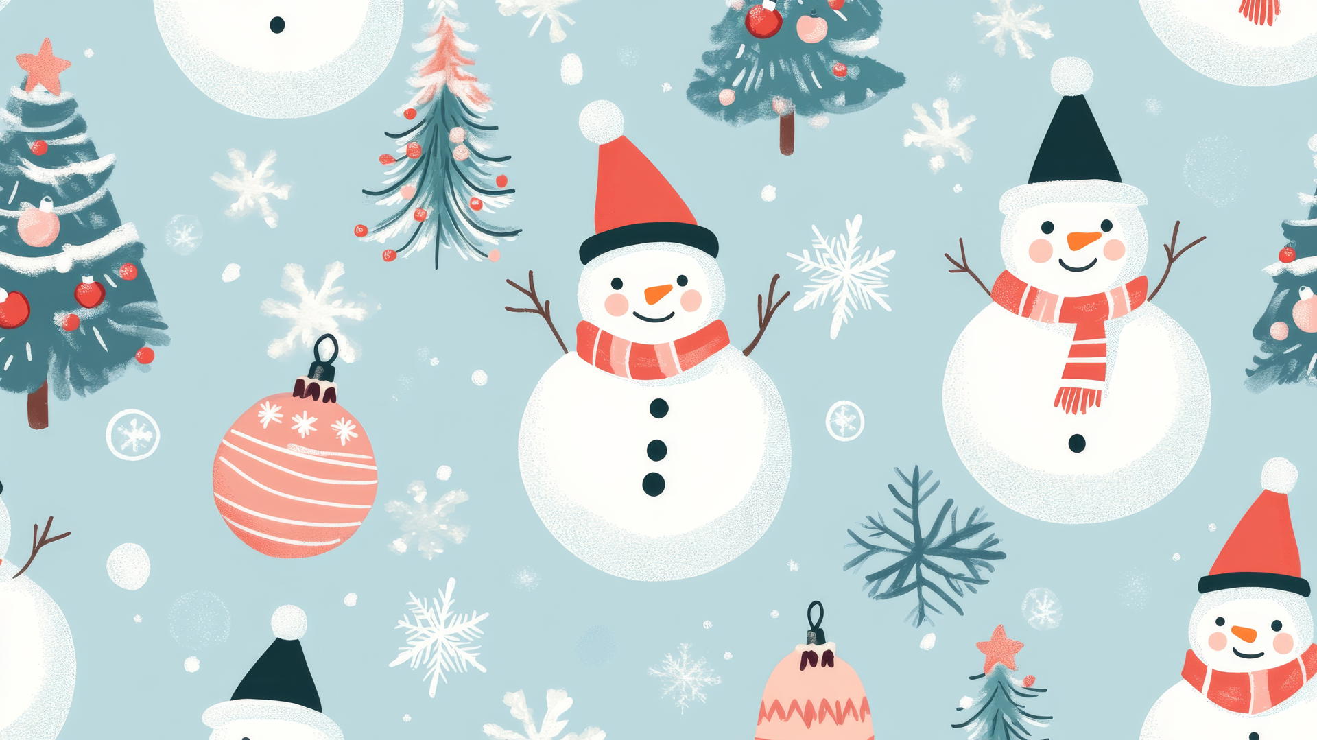 cute Christmas wallpaper preppy with snowmen, Christmas trees, and ornaments on pastel blue background