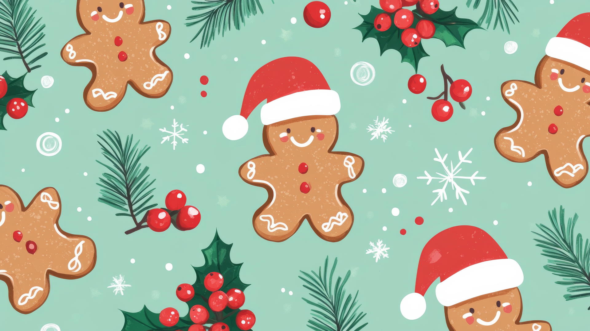 cute Christmas wallpaper preppy with gingerbread cookies, Santa hats, holly berries on pastel mint green background