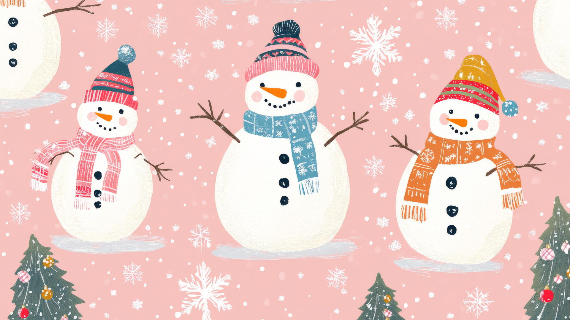 Preppy wallpaper christmas with playful snowmen in colorful scarves and hats