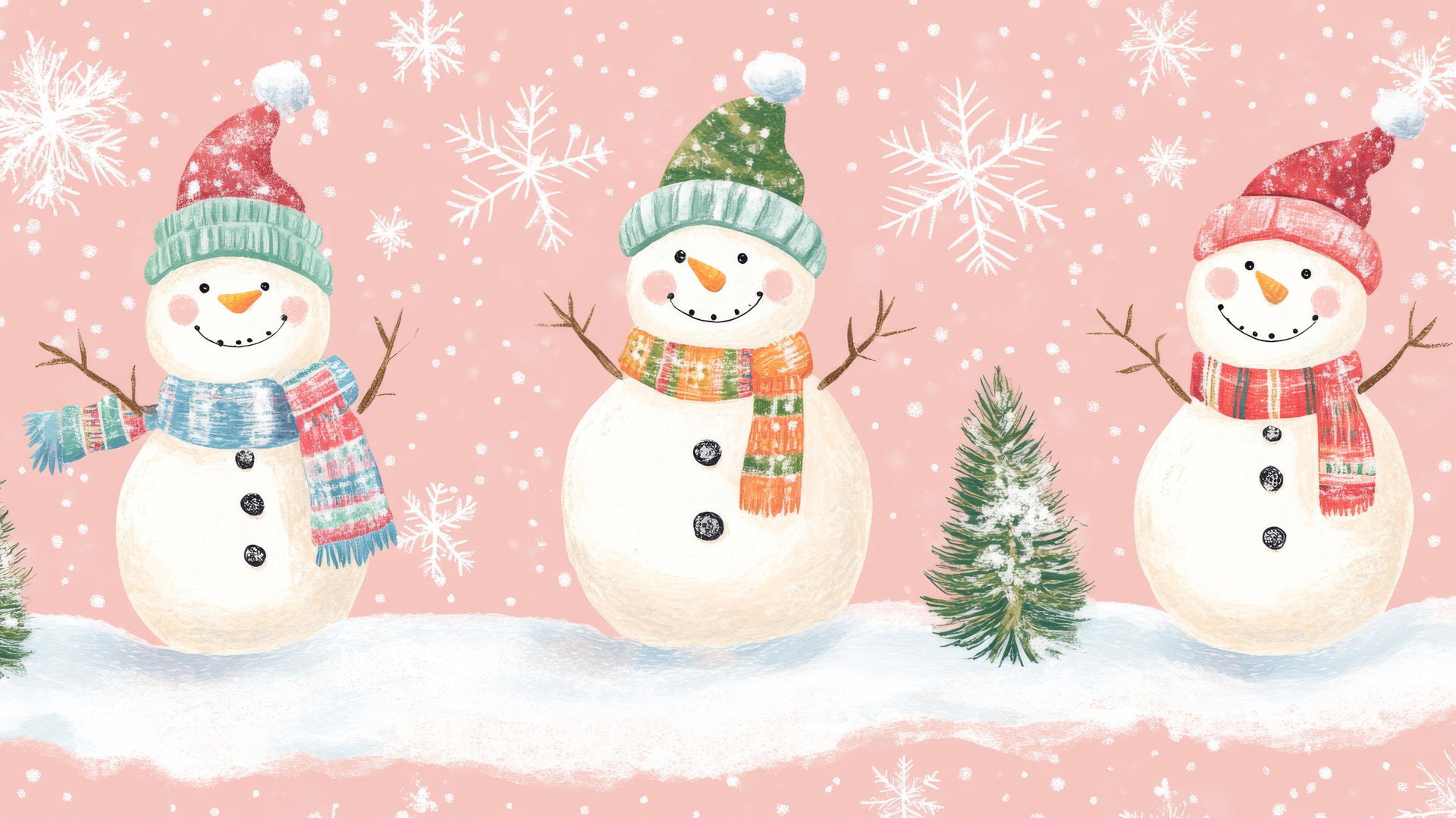 preppy wallpaper Christmas with playful snowmen wearing colorful scarves and hats, pine trees, and snowflakes on pastel pink