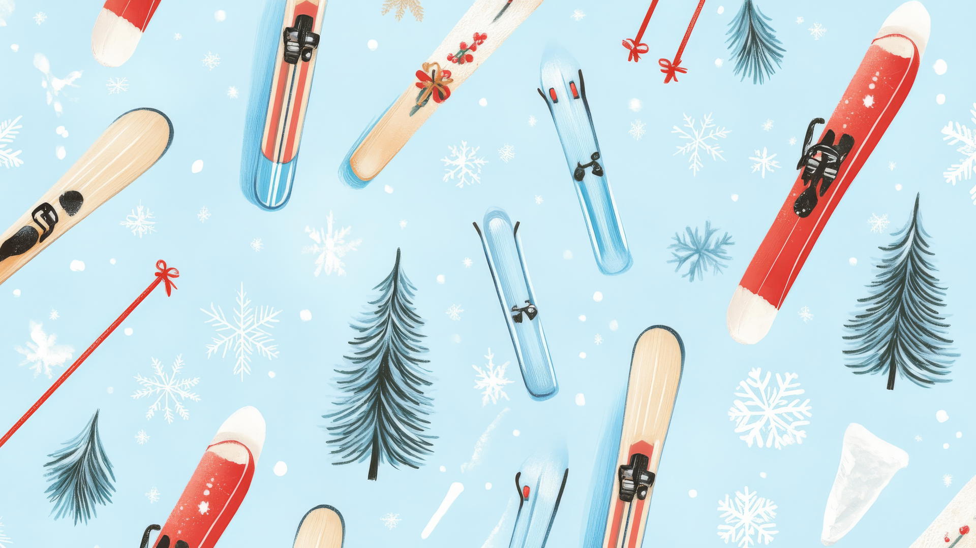 Christmas wallpaper preppy with skiing equipment and snowflakes