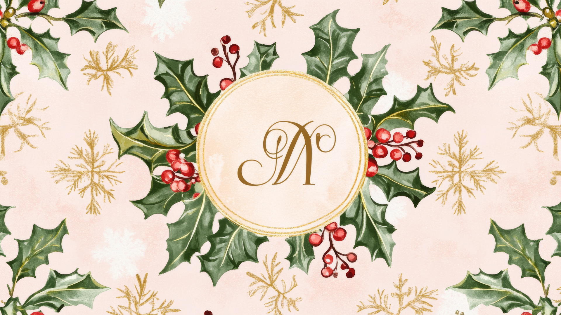 christmas wallpaper preppy with elegant monograms, holly leaves, and snowflakes on pastel pink background