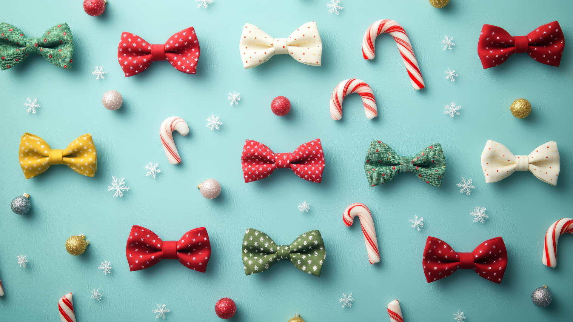 Festive bow ties, snowflakes, candy canes on pastel blue background, christmas wallpaper preppy