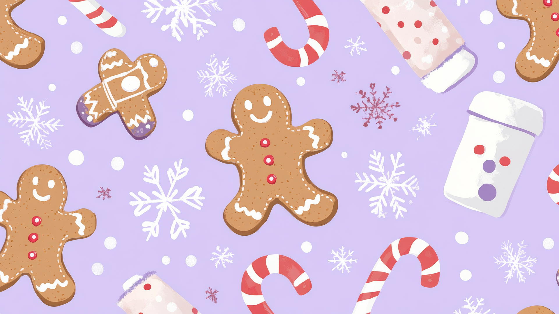 preppy Christmas wallpaper with gingerbread men, candy canes, and snowflakes on a pastel lavender background