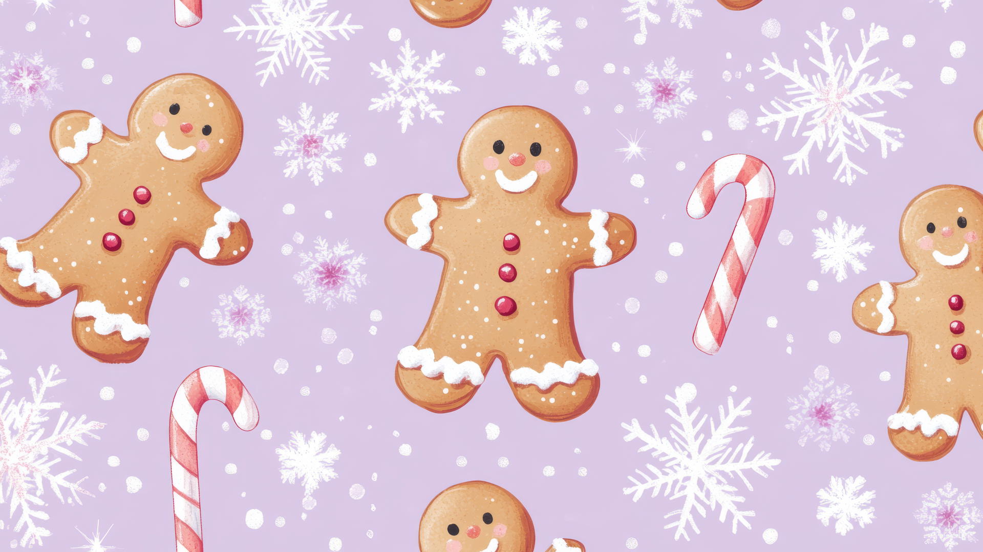 preppy Christmas wallpaper with gingerbread men, candy canes, and snowflakes on pastel lavender background