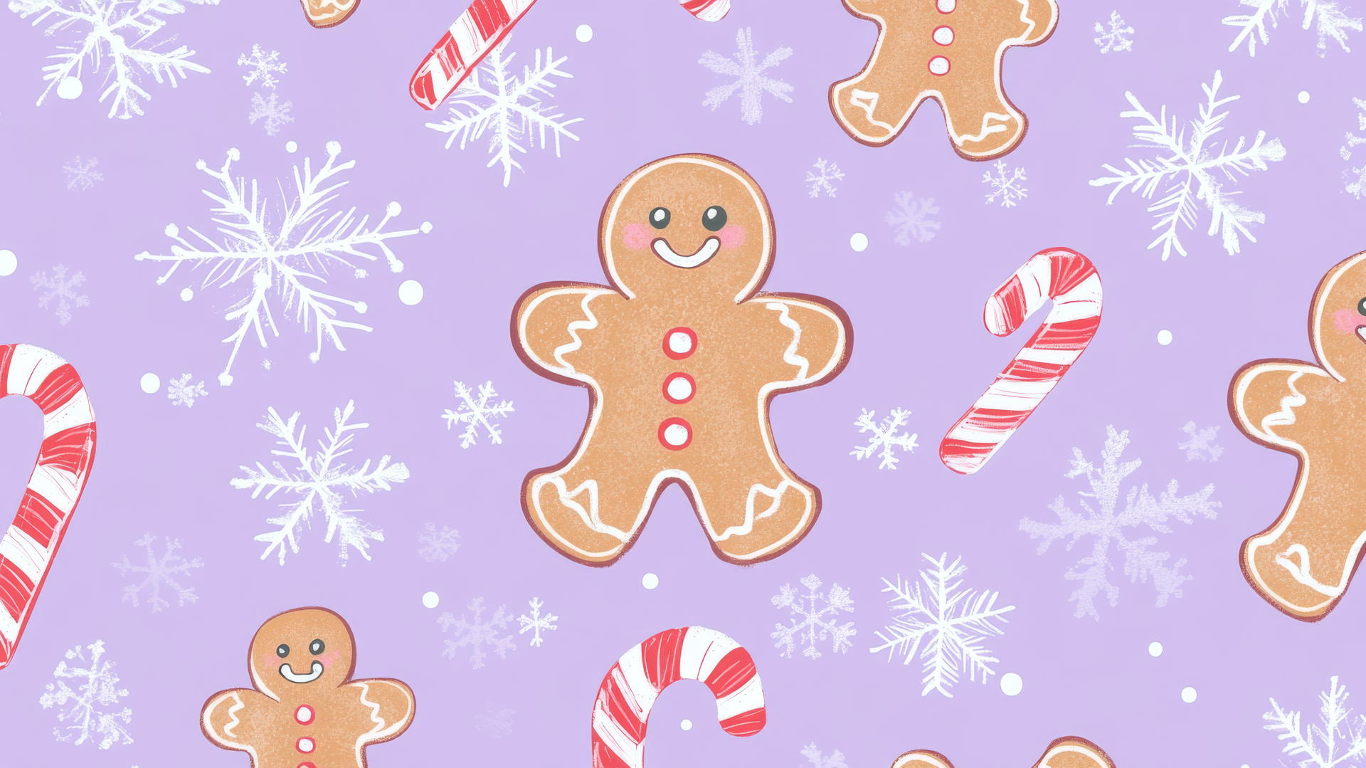 Preppy Christmas wallpaper with gingerbread men, candy canes, and snowflakes on lavender