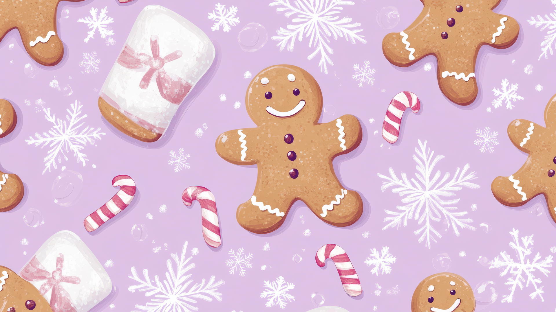 Preppy Christmas wallpaper with gingerbread men, candy canes, and snowflakes on pastel lavender