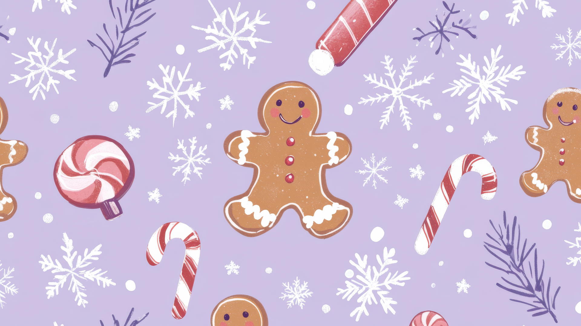 Preppy Christmas wallpaper with whimsical gingerbread men, candy canes, and snowflakes on pastel lavender background