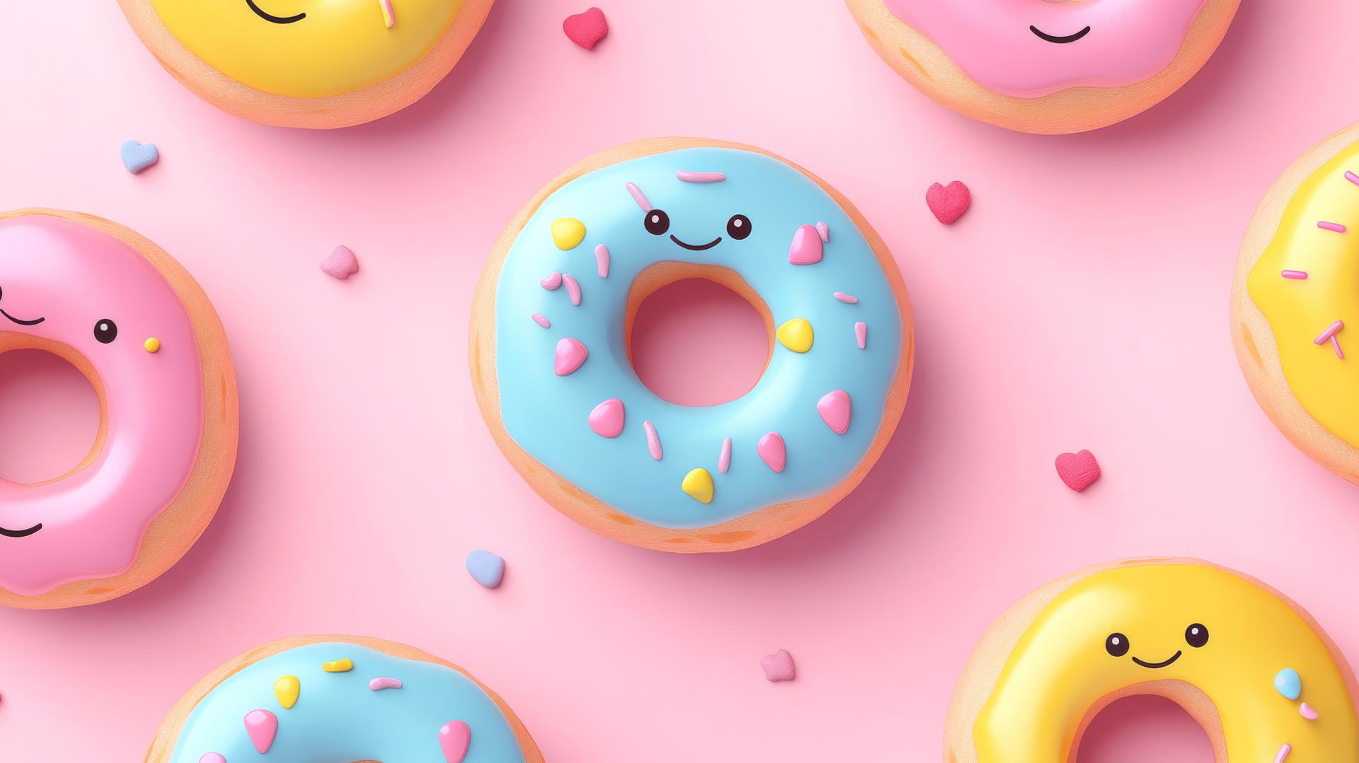 preppy wallpaper with smiley face donuts in colorful glazes on light pink background
