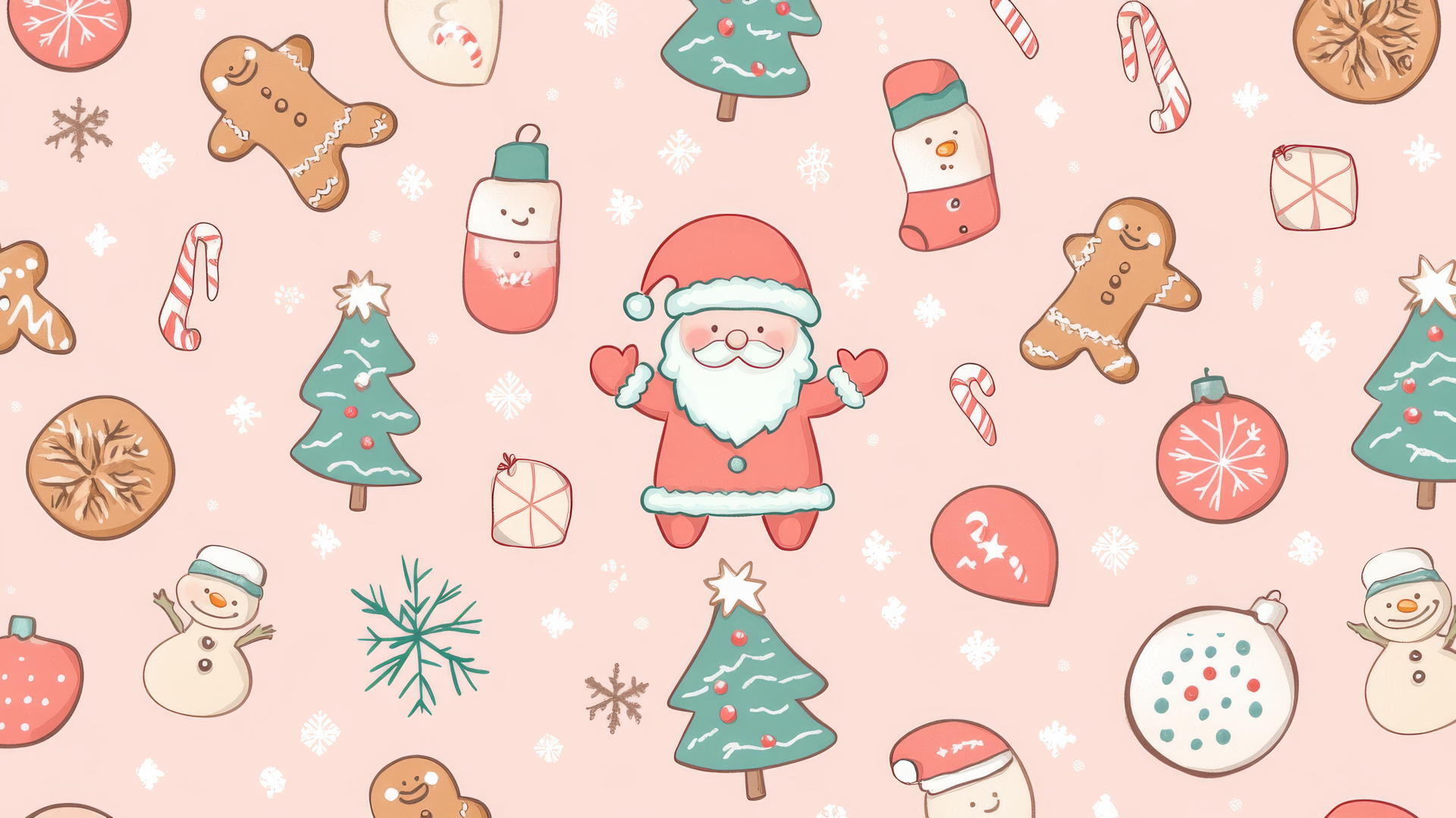 preppy wallpaper with gingerbread cookies, Santa Claus, snowmen, and Christmas trees on pastel pink