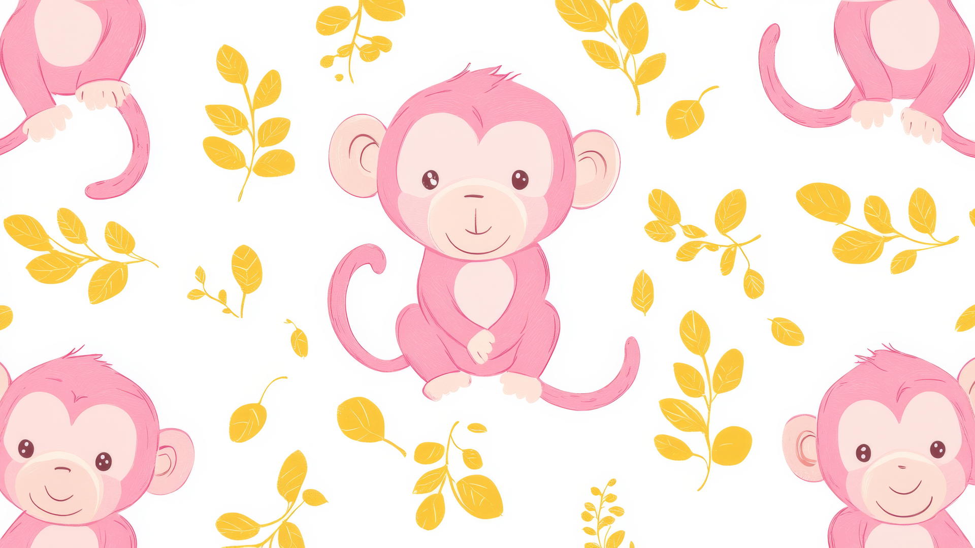 preppy wallpaper with pink cartoon monkeys and yellow leaves on white