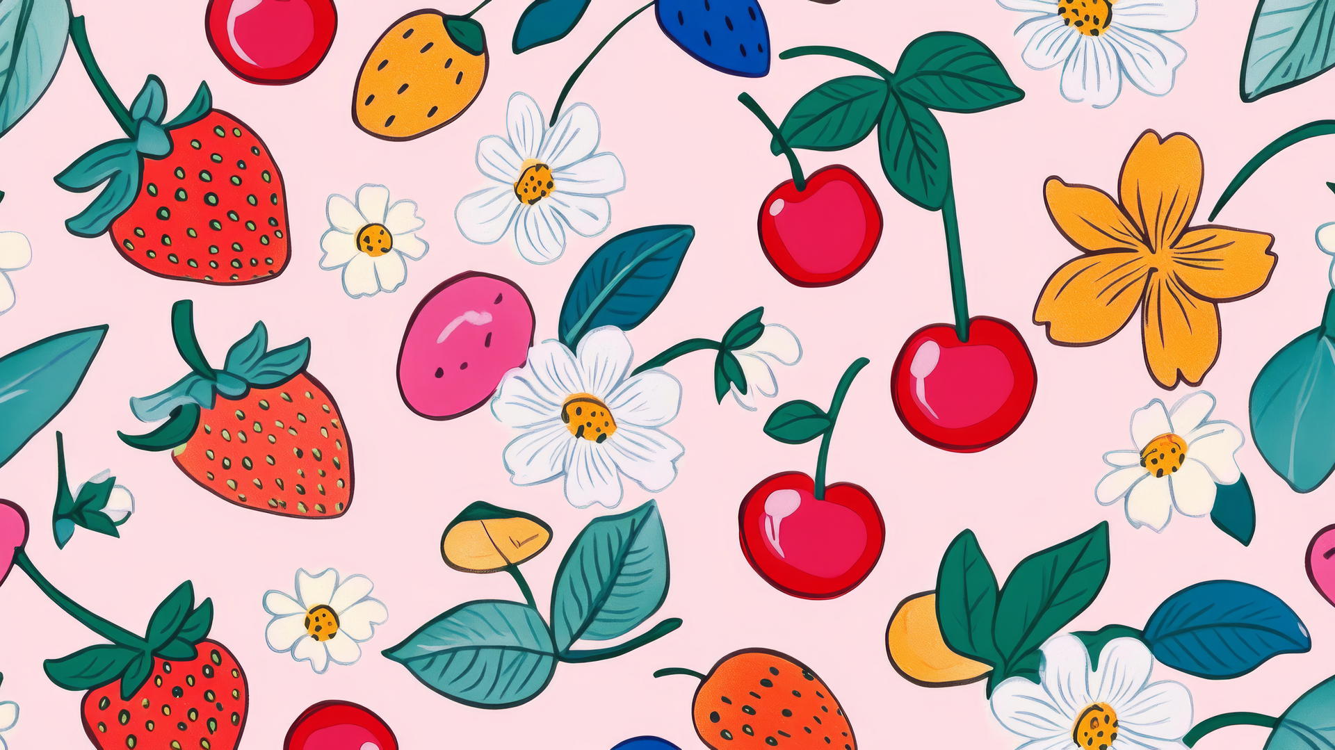 Preppy wallpaper with hand-drawn doodles of strawberries, cherries, and flowers on light pink