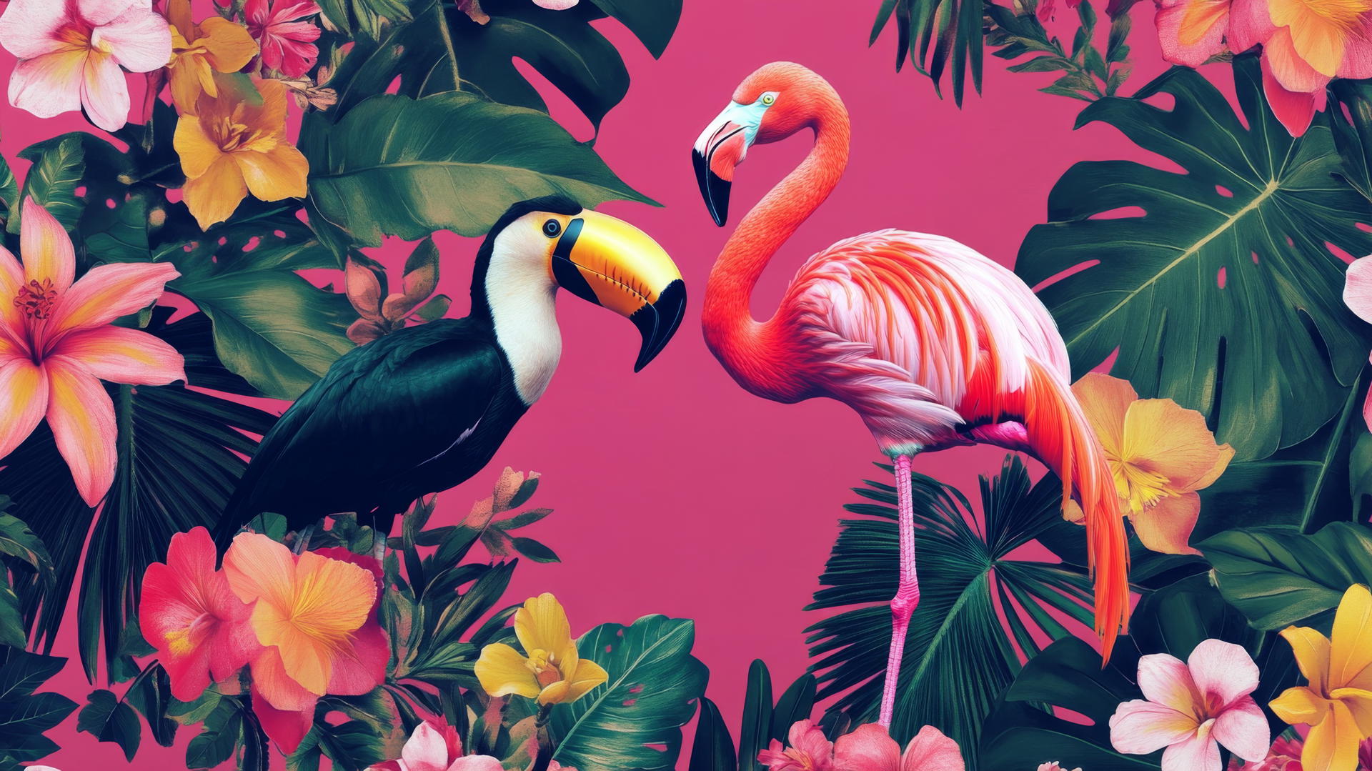 Preppy wallpaper pink with pink flamingos and toucans