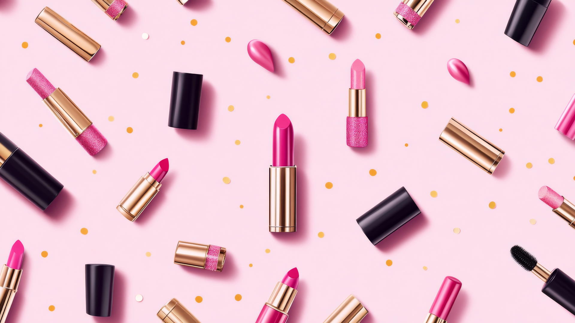preppy wallpaper pink with chic pattern of pink and gold makeup items