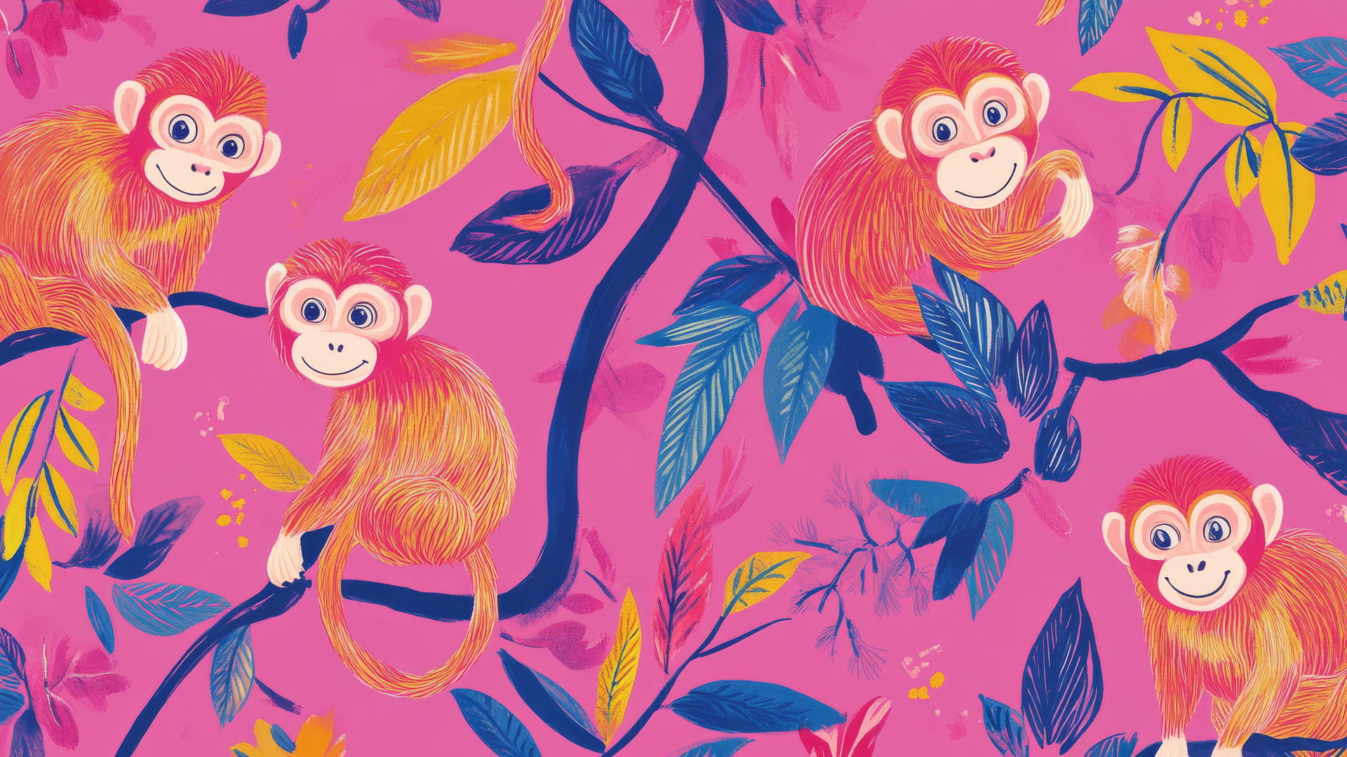 Preppy pink wallpaper with cartoon monkeys