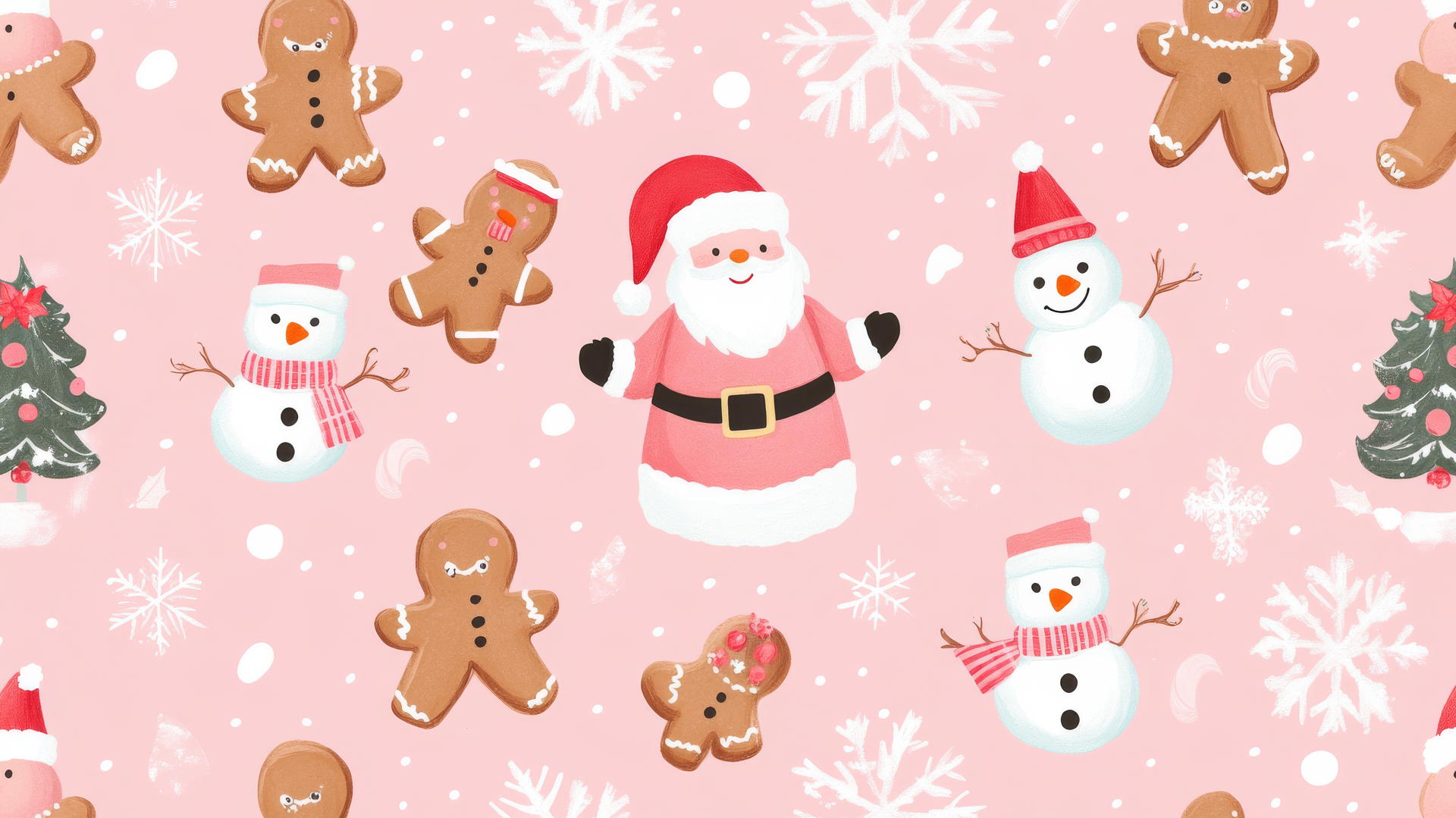 preppy pink wallpaper with Christmas-themed pattern featuring pink Santa, gingerbread cookies, snowmen, and Christmas trees