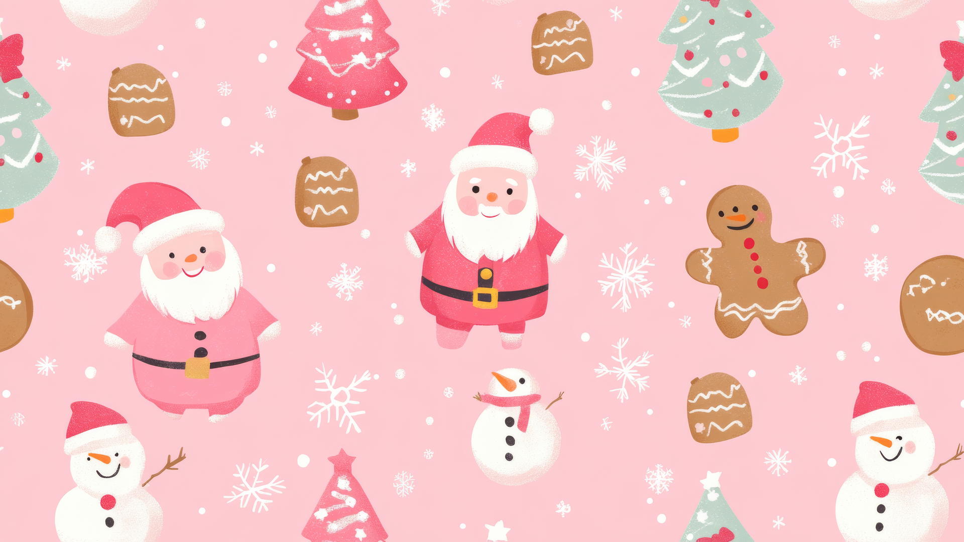 preppy pink wallpaper with pink Santa, gingerbread cookies, snowmen, and Christmas trees