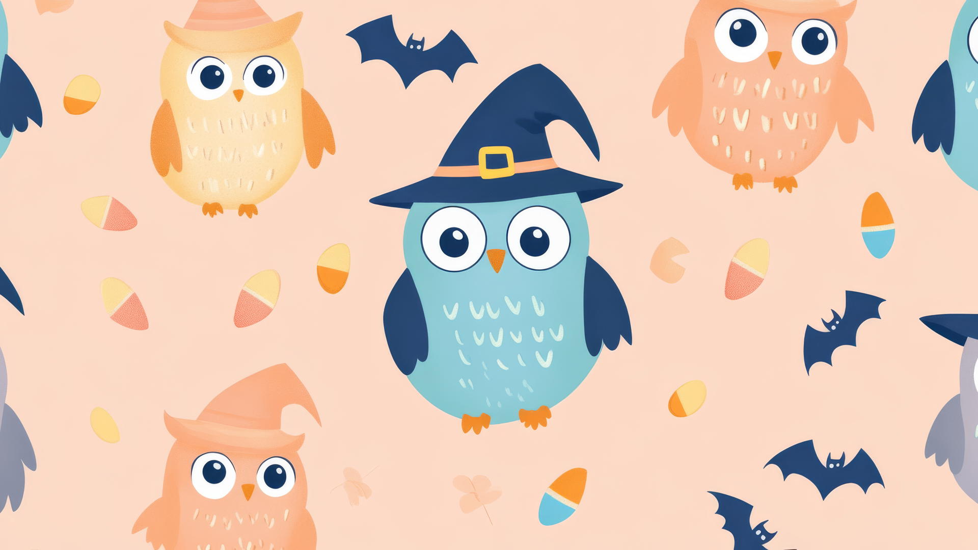 Halloween preppy wallpaper with pastel owls, witch hats, bats, and candy corn garlands