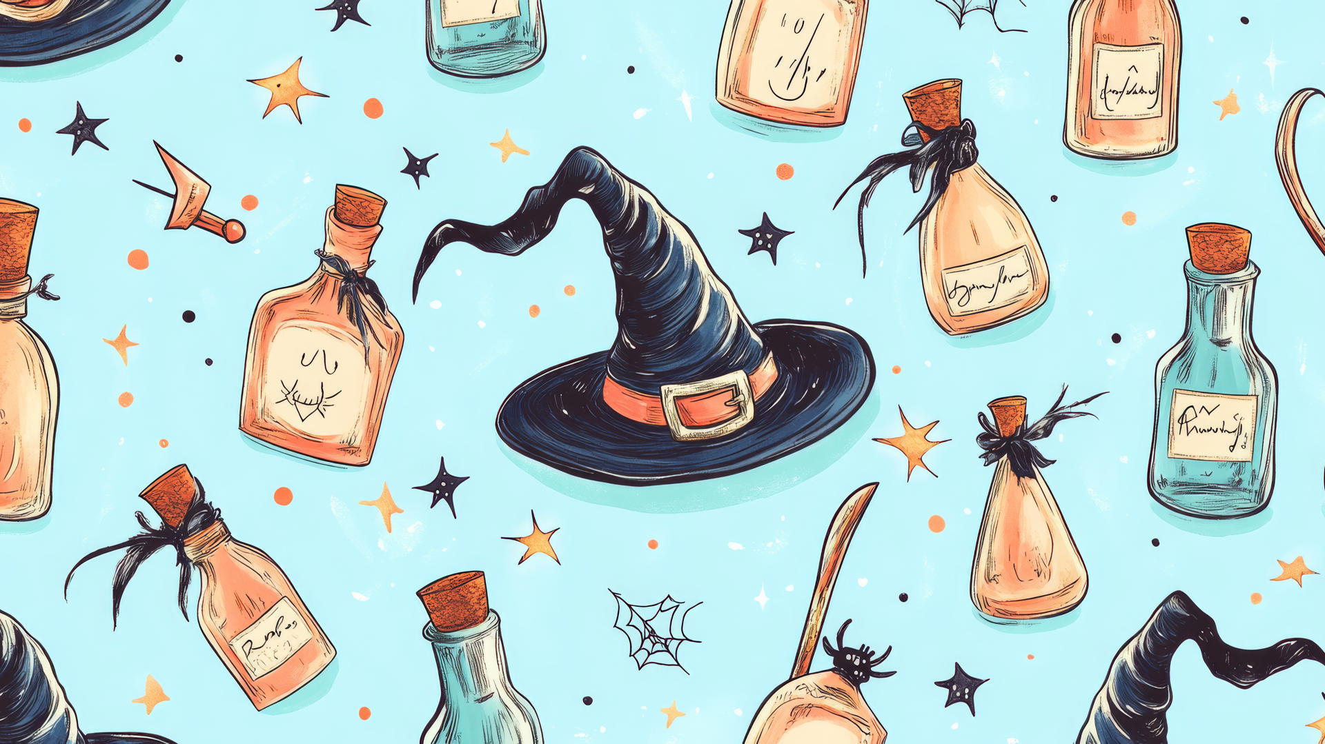 Halloween preppy wallpaper with pastel witches' hats, potion bottles, and magical wands.