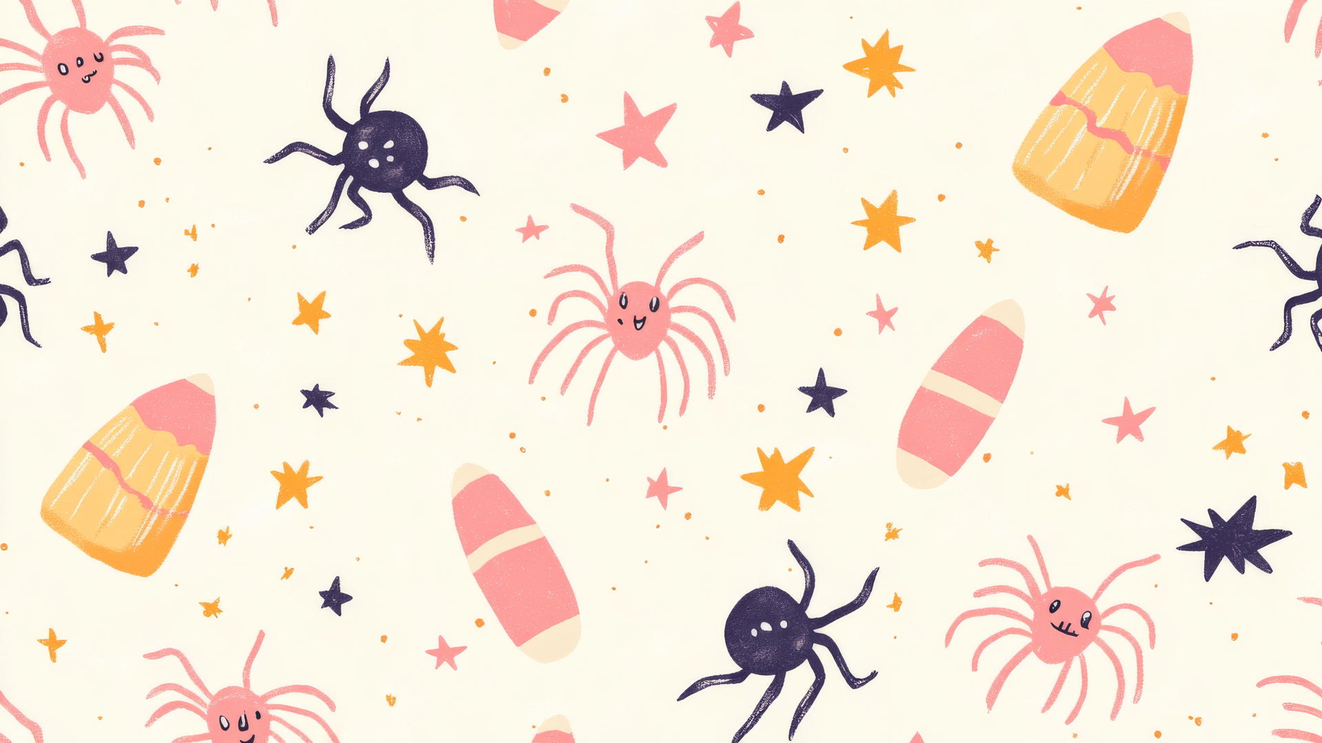 halloween wallpaper preppy with pink spiders, candy corn, stars on pastel cream