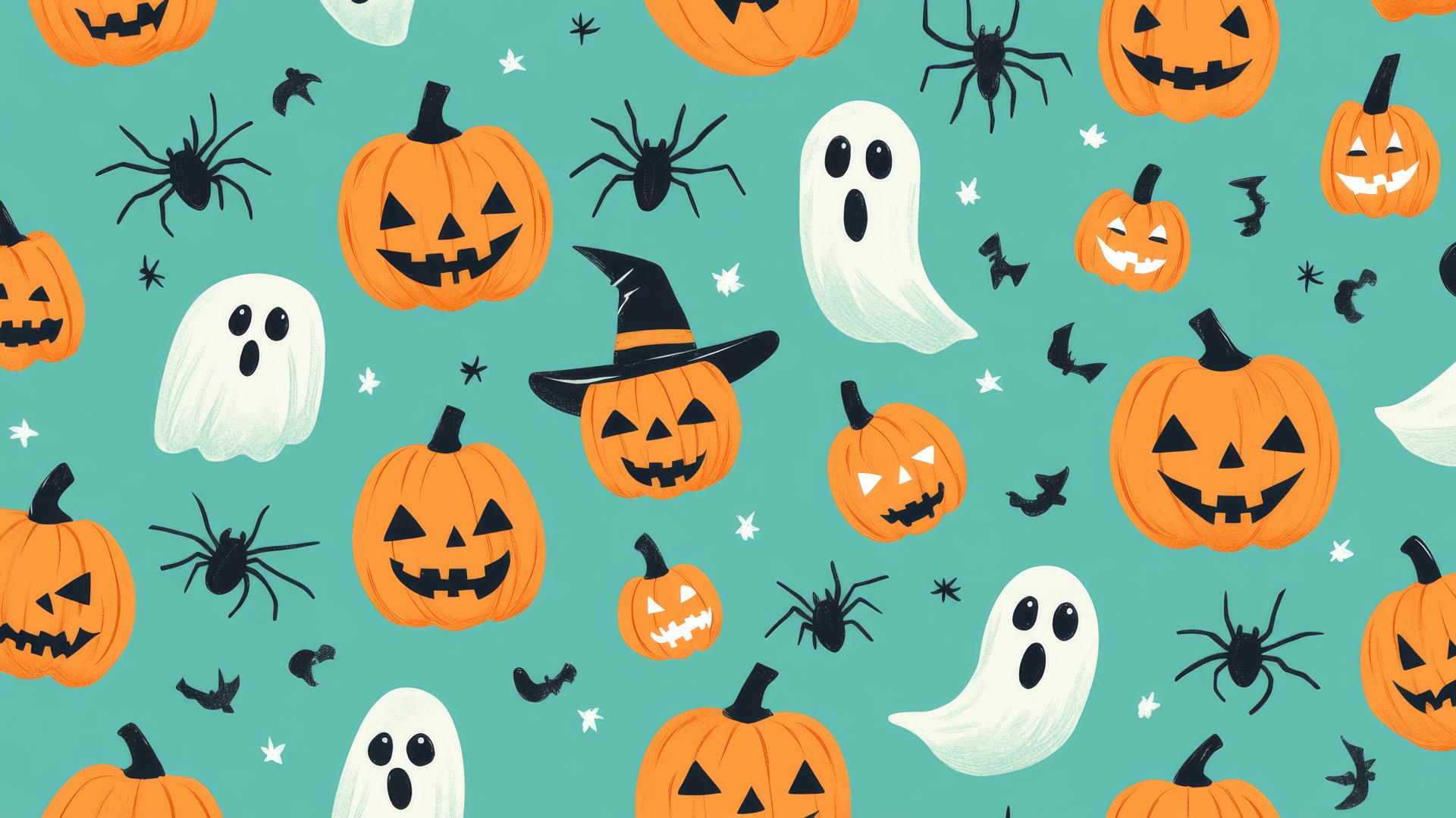 halloween wallpaper preppy with smiling jack-o'-lanterns, spiders, and ghosts on pastel teal background