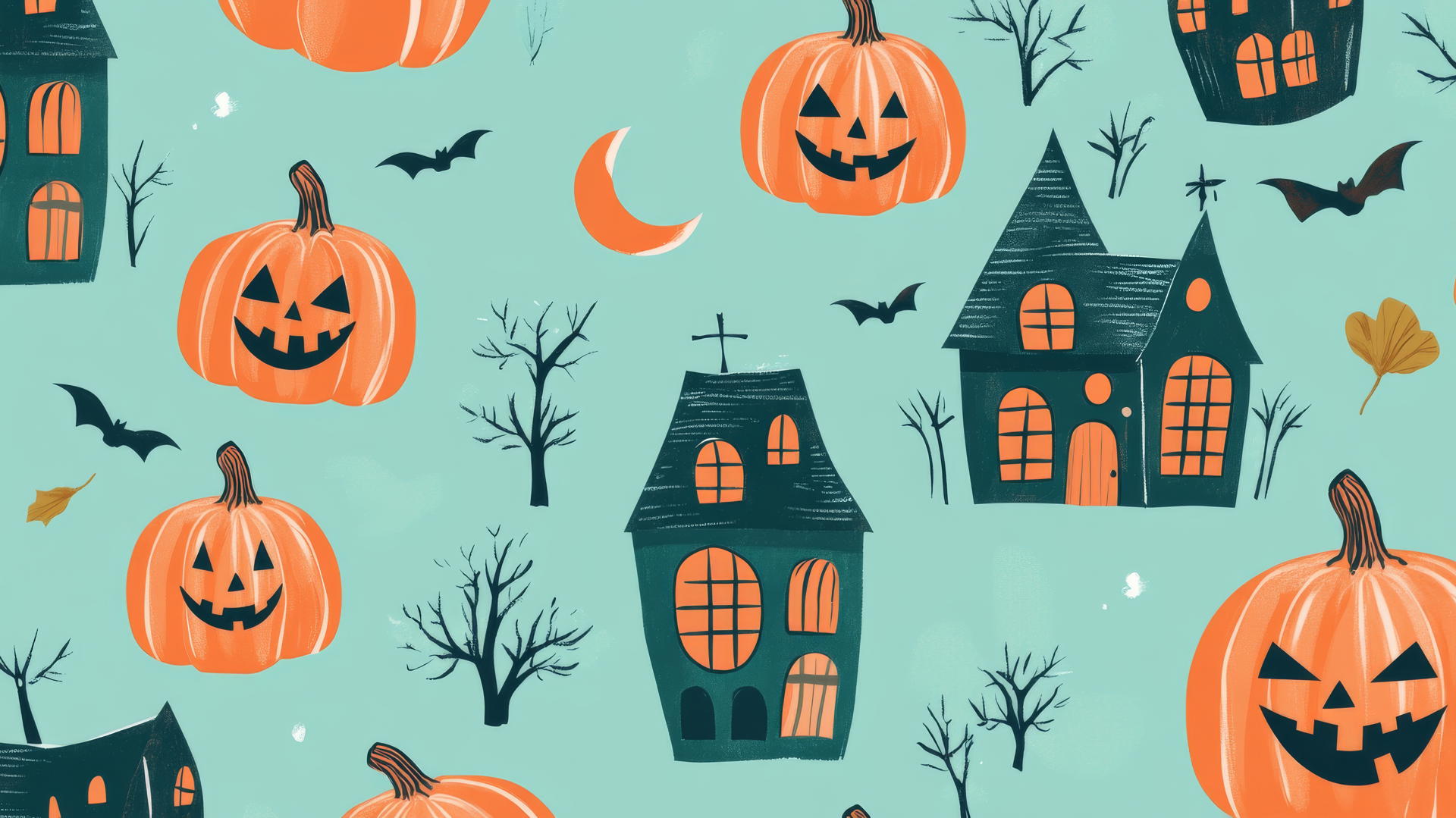Halloween wallpaper preppy with pumpkins and haunted houses