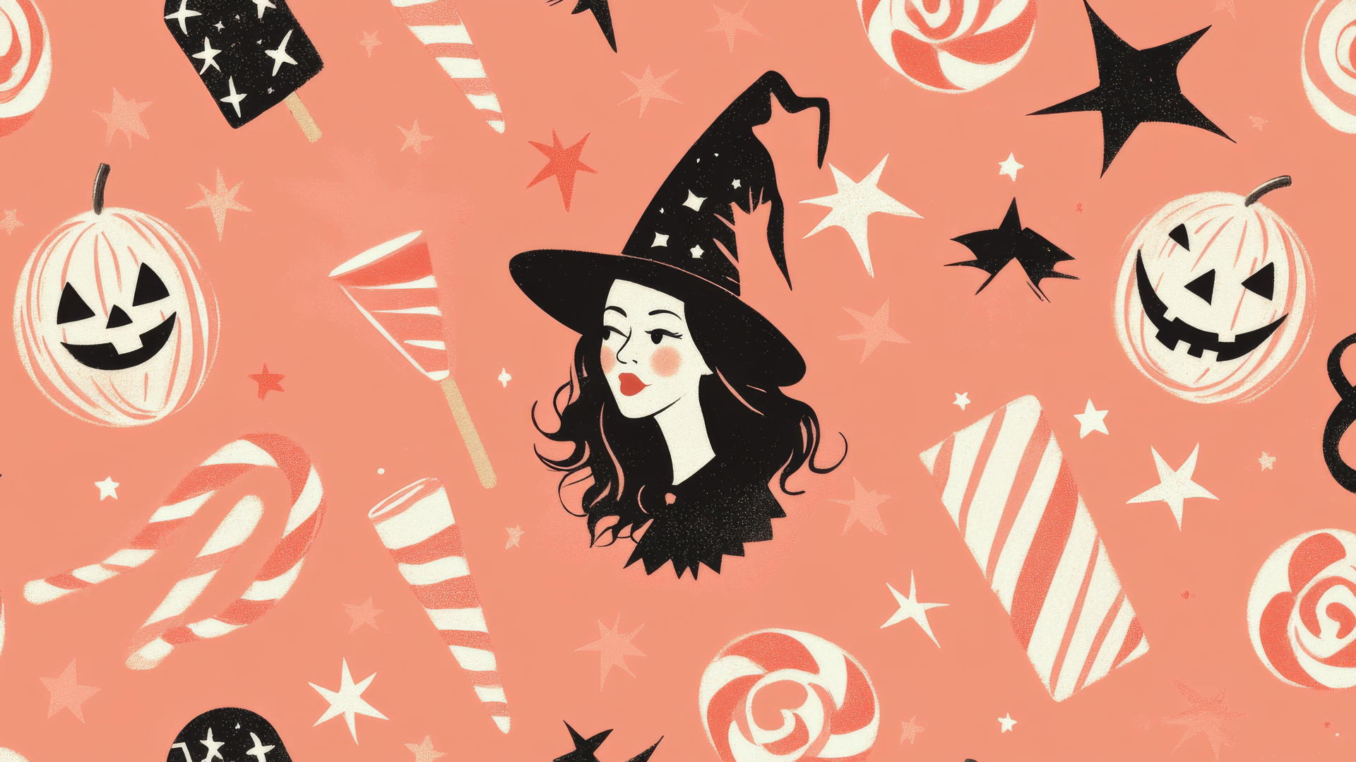 preppy wallpaper halloween with witches, candy canes, and stars on pastel coral background